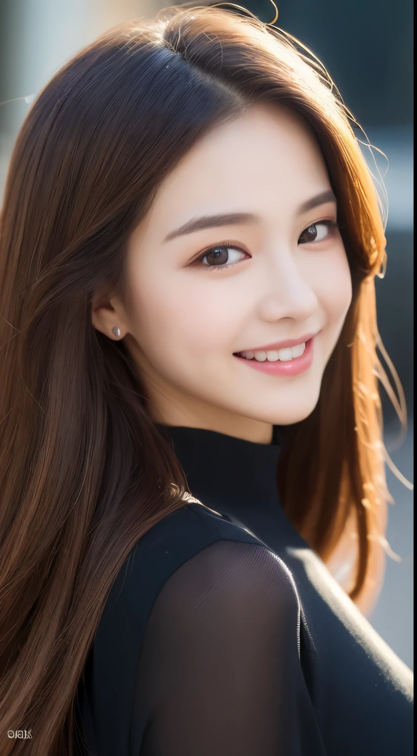 ((Best quality, 8k, Masterpiece :1.3)), 1girl, smiling, full body, slim face, Pretty woman, (Dark brown hair), full length dress :1.1, Ultra-detailed face, Detailed eyes, Double eyelid, blur background, slim face, city, outside, street,