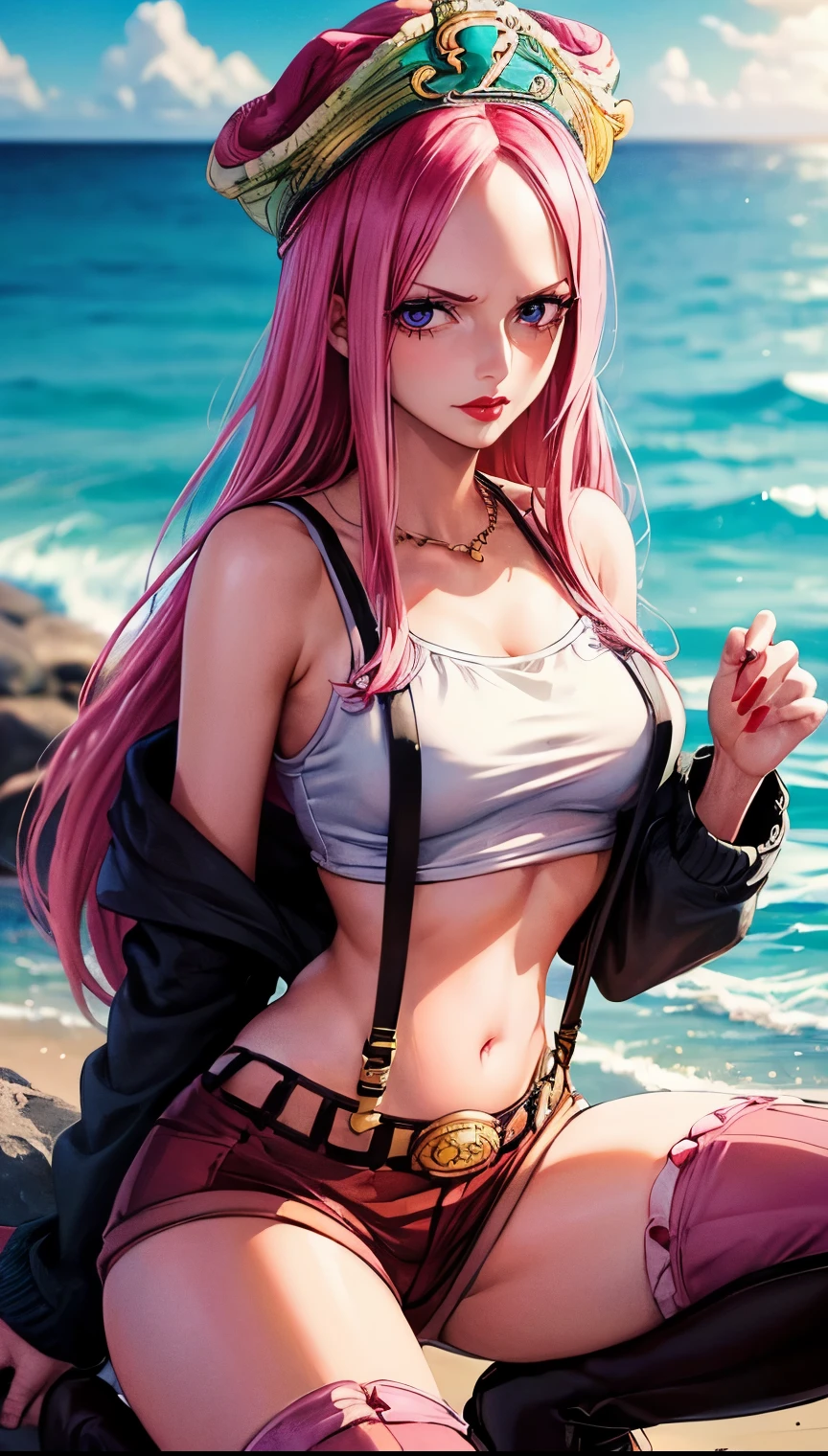 ((top-quality, 8K, masterpiece:1.3)), A detailed eye, (looking at from the front), Look at the camera, ((Everything is sparkling、reflecting light:1.2)), (Best Ratio: 4 fingers, 1 thumb), (portrait), (((Jewelry Bonney from One Piece))), JewelryBonneyV2, half body shot, 1girl, solo, cute asian face, long hair, pink hair, hat, ((slim girl, medium breasts, hyperdetailed lips)), red lips, (thighhighs, shorts, suspenders, boots, purple eyes), navel, midriff, crop top, belt, suspender shorts, complex detailed background, barren land, rocks, ocean, nature environment, squatting ,seiza , spread legs,nervous, blushing,