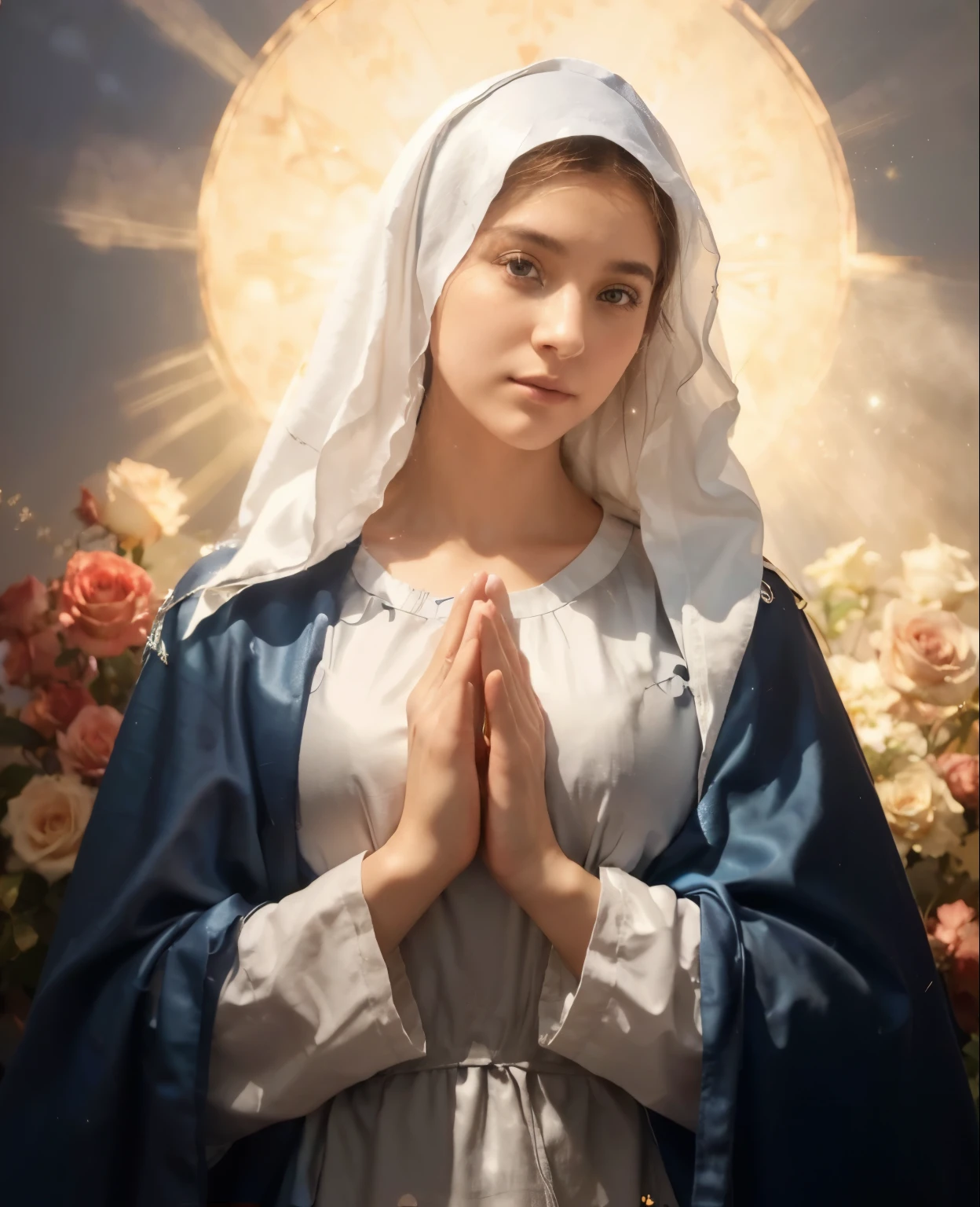(((Holy virgin mary mystical rose-black. 17 years old. IN CUSTOM METALLIC COLORS mayan  blue russian costume))) luminoso, obra maestra, (Mejor calidad: 1.2), (super fine: 1.2), illustration, (extremadamente delicado y hermoso: 1.2), movie angle, flotante, (Hermoso detalle ojo: 1.1), (detalle de luz: 1.1), Movie Lights, Cielo delicado, ojos azules, (cola de caballo alta: 1. 1), capa, Ojeteador, cielo estrellado, (light particles: 1.1) Dibujo, flor. (obra maestra), (Mejor calidad), (fotorrealista:1.3), 8k, textura de piel detallada, Textura de tela detallada, hermoso rostro detallado, detalles intrincados, ultra detallado (Cuerpo completo:1.2)

Traducido con DeepL.con (Free version)