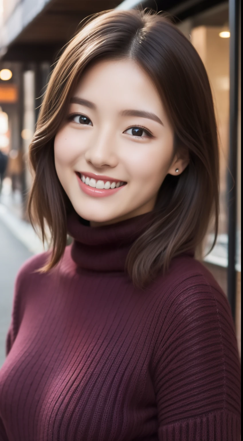 The face is a hostess、Wear a turtleneck sweater、hiquality、A hyper-realistic、healthy、Smiling expression、Slender perfect figure、Japan beauties、beautidful eyes、face perfect、Beautiful skin、The upper part of the body、Christmas、street
