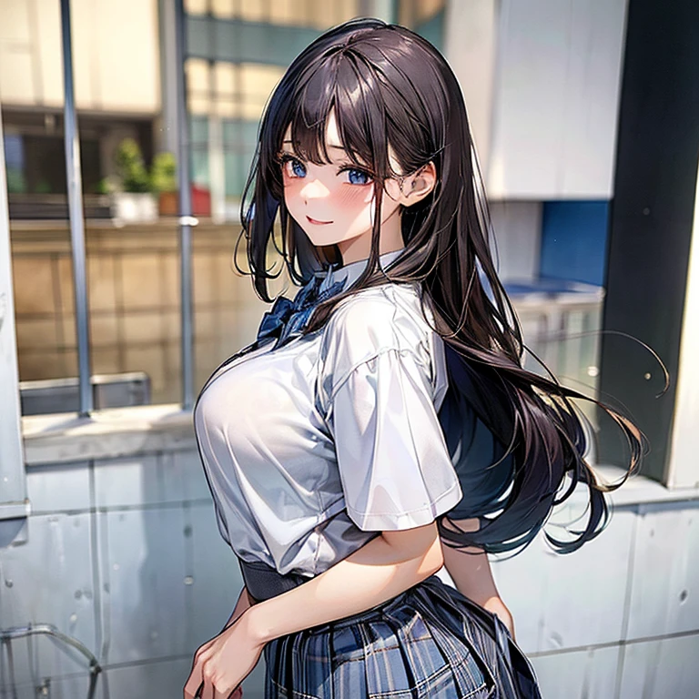 (masterpiece:1.2, highest quality), (realistic, realistic:1.4), beautifulイラスト, show your butt, from back:1.6,
1 girl, Japanese, High School girl, (long hair:1.5), big breasts:0.8,
beautiful黒髪, beautiful顔, beautiful and fine eyes, beautiful鎖骨, beautiful体, beautiful , beautiful thigh, beautiful feet, beautiful指,
(beautiful景色), , School,
((collared shirt, white shirt, School uniform, cardigan, Grey checked pleated skirt, Blue plaid bow tie)), white panties,
Are standing,
smile, ,