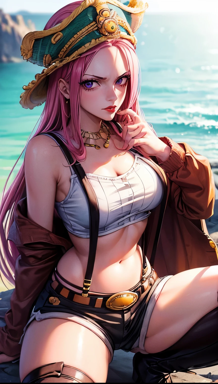 (masterpiece, best quality:1.2), intricate details, (sangonomiya_kokomi), 1 girl, (white bikini:1.2), simple bikini, hair ornament, ponytail, (black_tattoo:1.2), (pink hair, lolita), (small breasts:1.2) , (wide hips, sexy:1.2) , (beach_background:1.3), (outdoor), (priestess), (blue eyes:1.2), (eye glow:1.4) , (wet:1.2), cowboy shot,