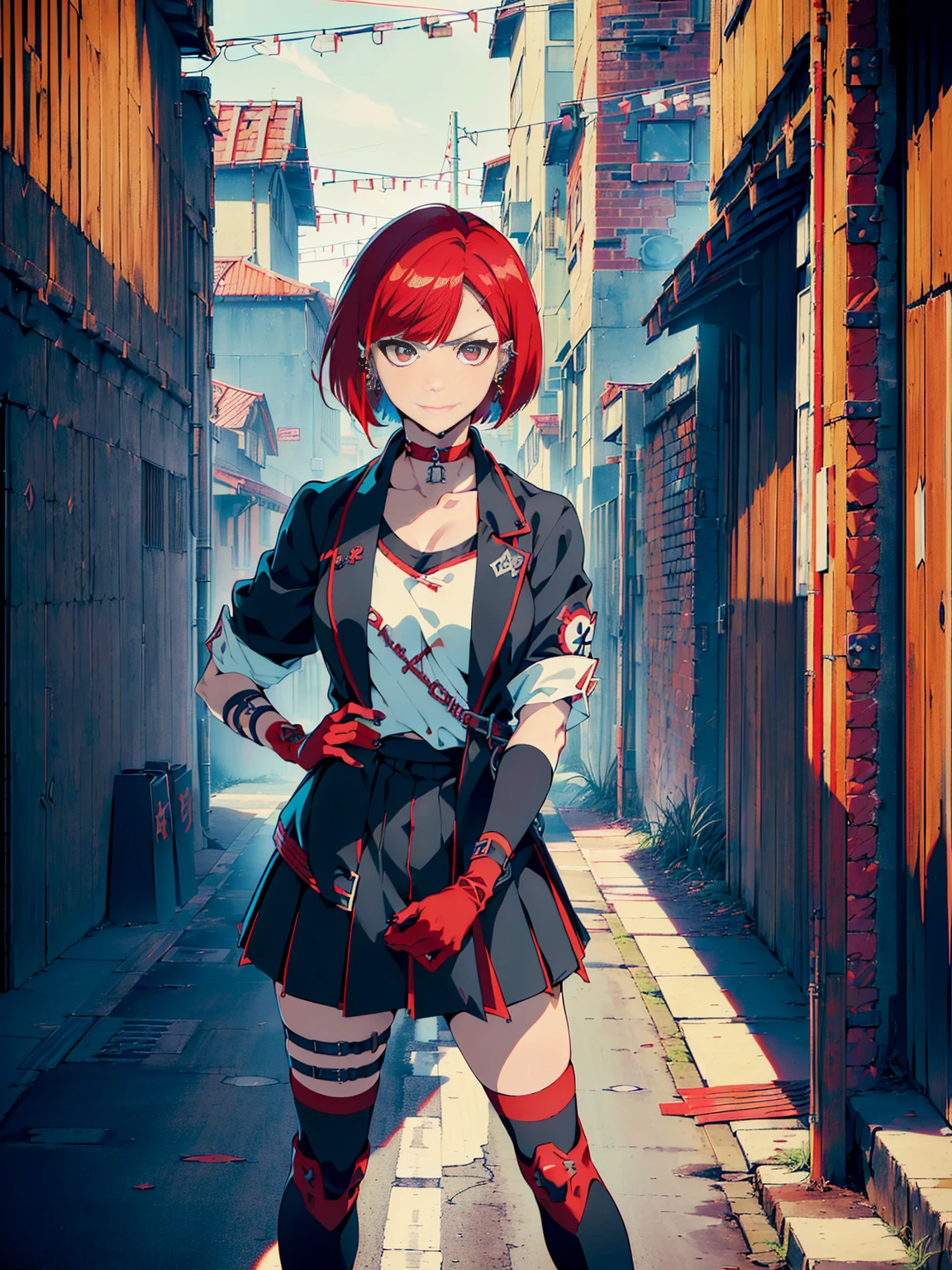 in the art style of persona5 and in the art style of street of rage 4, delinquent, (sukeban), mature_female, blush, mature, older woman, 25 years old, Sukeban teacher outfit, ((((1girl, solo female, solo, solo focus:1,9)))++++, choker, sukeban teacher, sukeban fighter, long_sleeves, open jacket, blue jacket,( jean)+++, light skin tone female, (full body)+++++, jacket, biker jacket, tape, arm_support, gloves, red_gloves, bridal gauntlets, nail polish, boots, black_footwear, fighter outfit, (full body)+++++++, hourglass, mature face, cheeky smile, cheeky face, wrinkles, (((((red hair, short hair, bob cut, earrings, ear piercings)))), red eyeighting art, Martial arts, standing, fighting_stance, fight, fighting), extra colors, 2D, megapixel, perfectionism, accent lighting, full HD , (Masterpiece:1.2), (full-body-shot:1),(cowboy shot:1.2), (Highly detailed:1.2),(anime Detailed Face:1.2), Colorful, A detailed eye, (Detailed landscape:1.2), (natural lighting:1.2), ((sukeban school teacher)) by Vincent Di Fate: Aidyllery, Anamorphic Shot, rule of thirds, face by Artgerm and WLOP, ((street of rage 4 city backround)), fictive city backround in the style art of street of rage 4,