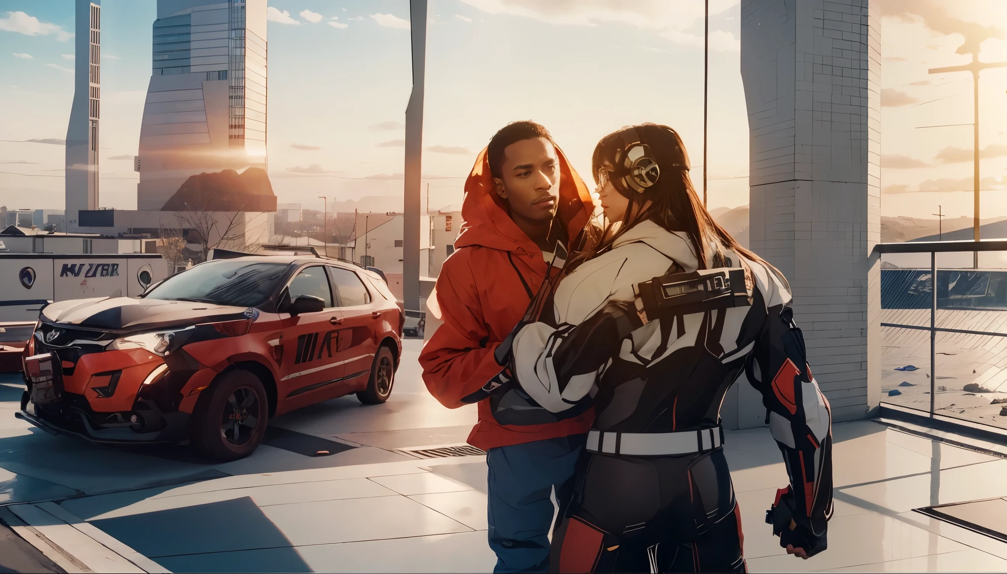 Capture the breathtaking moment as a superhero chokes a young, dark-skinned man wearing glasses, dressed in a crisp white windbreaker hoodie is surprised to find a time bomb on his back. This RAW masterpiece showcases an ultra-high resolution, photorealistic full-body portrait, illuminated by the warm glow of sunlight. The scene is rendered in the captivating style of mecha sci-fi anime, boasting an impressive 8K resolution for the best quality imagery. Crafted with Unreal Engine 1.4, this piece features ultra-realistic 64K CG, skin texture at 1.4, and volumetric fog to add depth and atmosphere. The details are further enhanced with 8K UHD, DSLR quality, film grain, and the artistic touch of lomography. The result is a stunning blend of high-quality visuals, translucent effects, and photorealism that truly captivates the viewer.