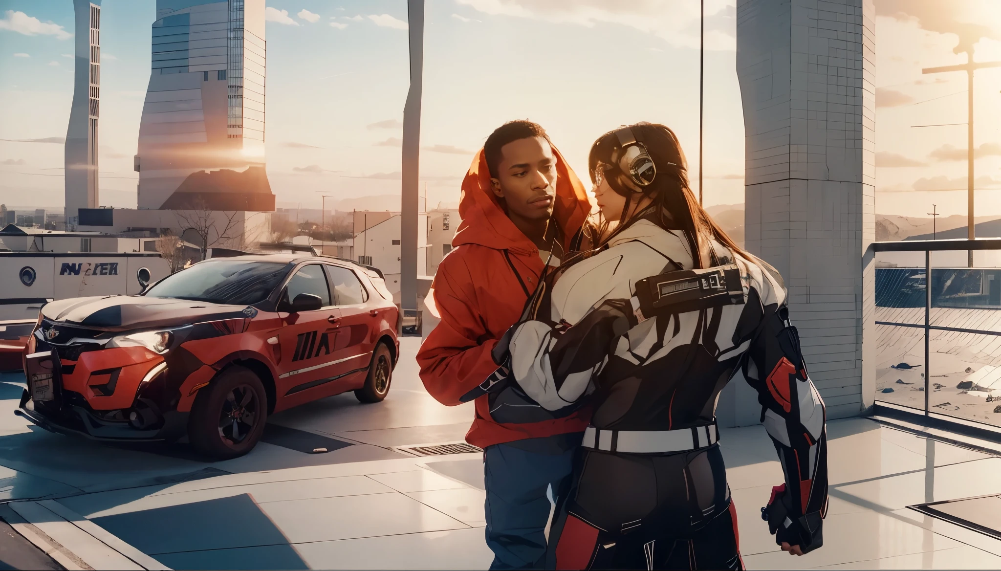 Capture the breathtaking moment as a superhero chokes a young, dark-skinned man wearing glasses, dressed in a crisp white windbreaker hoodie is surprised to find a time bomb on his back. This RAW masterpiece showcases an ultra-high resolution, photorealistic full-body portrait, illuminated by the warm glow of sunlight. The scene is rendered in the captivating style of mecha sci-fi anime, boasting an impressive 8K resolution for the best quality imagery. Crafted with Unreal Engine 1.4, this piece features ultra-realistic 64K CG, skin texture at 1.4, and volumetric fog to add depth and atmosphere. The details are further enhanced with 8K UHD, DSLR quality, film grain, and the artistic touch of lomography. The result is a stunning blend of high-quality visuals, translucent effects, and photorealism that truly captivates the viewer.