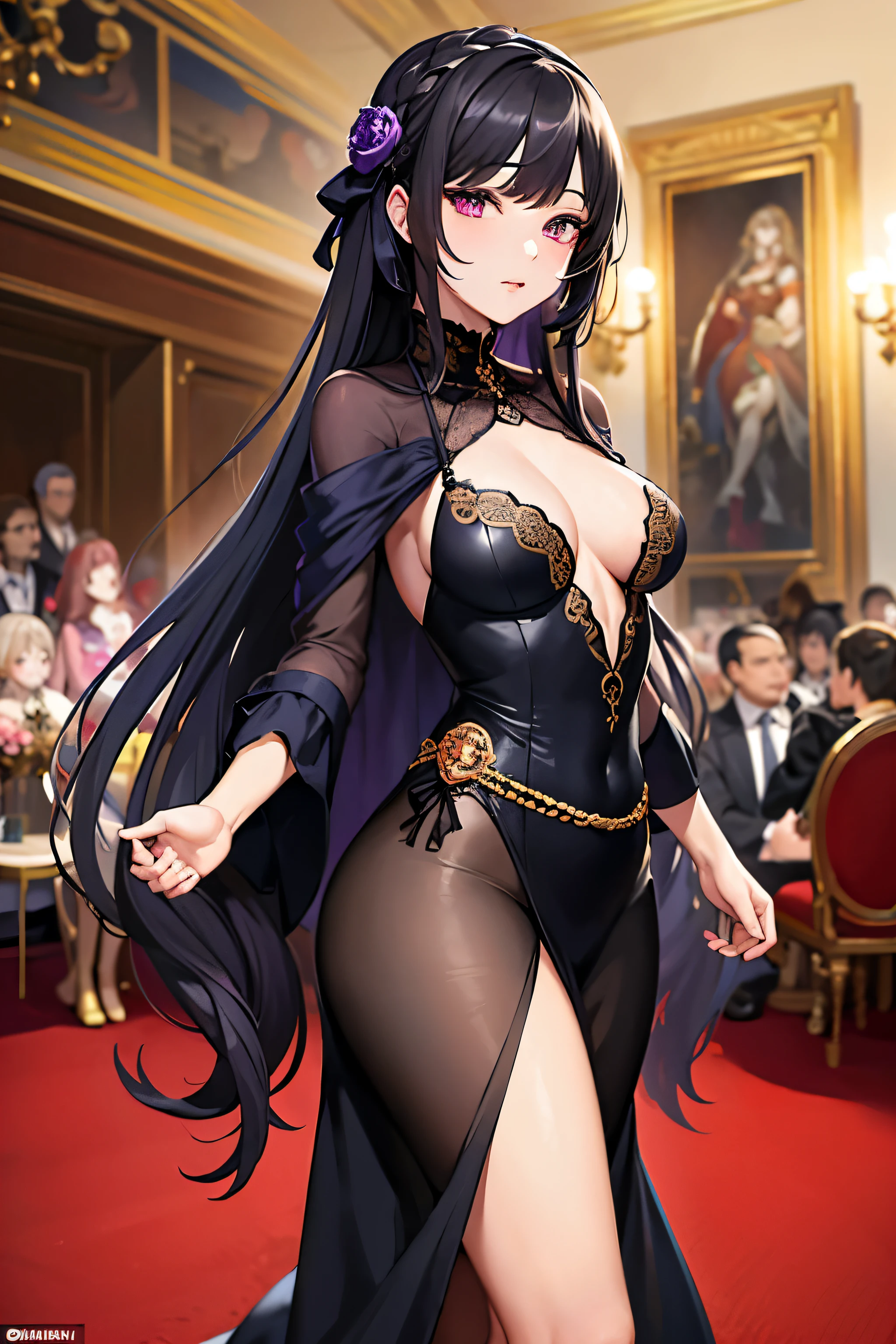 (masterpiece,best quality:1.5), lifelike, vivid, Full of energy ,1 Mature Mature Woman Person, alone, looking at the audience,slender figure,stand, purple eyes, victorian black dress,Cloaked in robes,small breasts,black hair,long hair,amethyst hair accessories, black high heels,The background is the interior of the palace
