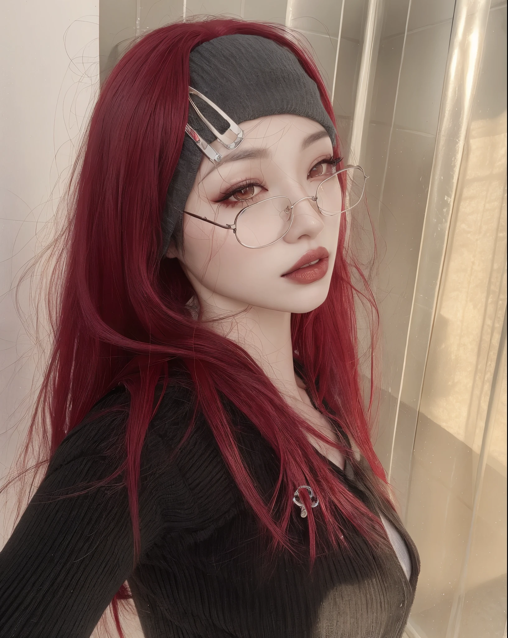 there is a woman with Vermelho hair and piercings on her face, Ulzzang, with Vermelho hair, Vermelho wig, with long Vermelho hair, Vermelho dyed hair, crimson Vermelho hair and Vermelho eyes, cruel korean goth girl, pale Vermelho, ((Vermelho)) olhos esbugalhados, sakimichan, with curly Vermelho hair, Jinyoung Shin, verde contact lenses