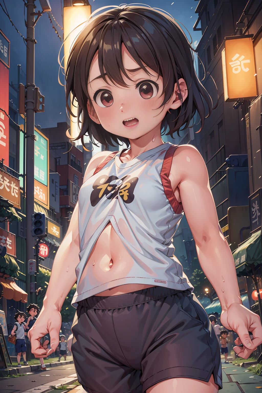 1 girl, tokyo street,ht, cityscape,city lights, Upper body,short stature,close, 8K, RAW photo, highest quality, masterpiece,realistic, photo-realistic, anime v1,Navel exposed,a lot of sweat,sweaty clothes,blush,It's hard to breathe,squat,spats,Sujiman,opened legs
