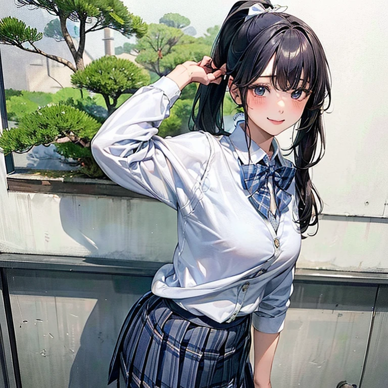 (masterpiece:1.2, highest quality), (realistic, realistic:1.4), beautifulイラスト, show your butt, from back:1.6,
1 girl, Japanese, High School girl, (Straight ponytail:1.5), big breasts:0.8,
beautiful黒髪, beautiful顔, beautiful and fine eyes, beautiful鎖骨, beautiful体, beautiful , beautiful thigh, beautiful feet, beautiful指,
(beautiful景色), , School,
((collared shirt, white shirt, School uniform, cardigan, Grey checked pleated skirt, Blue plaid bow tie)), white panties,
Are standing,
smile, ,