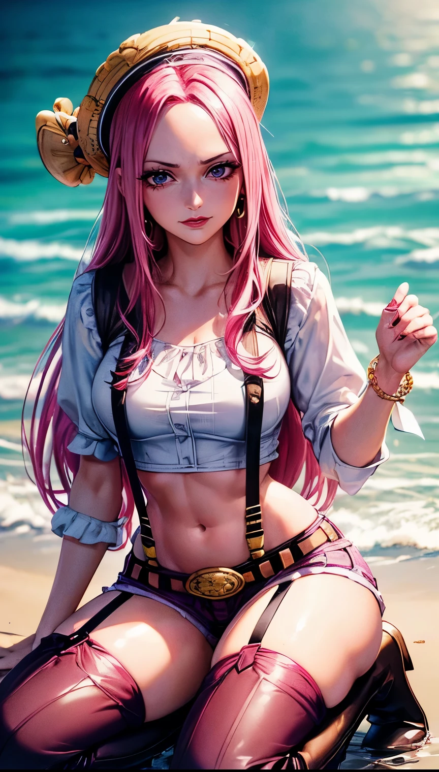 ((top-quality, 8K, masterpiece:1.3)), A detailed eye, (looking at from the front), Look at the camera, ((Everything is sparkling、reflecting light:1.2)), (Best Ratio: 4 fingers, 1 thumb), (portrait), (((Jewelry Bonney from One Piece))), JewelryBonneyV2, half body shot, light smile, 1girl, solo, cute asian face, long hair, pink hair, hat, ((slim girl, medium breasts, hyperdetailed lips)), red lips, (thighhighs, shorts, suspenders, boots, purple eyes), navel, midriff, crop top, belt, suspender shorts, complex detailed background, barren land, rocks, ocean, nature environment, kneeling ,seiza , spread legs,, blushing,