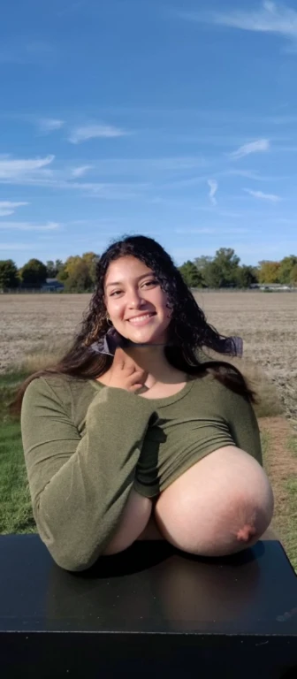 arafed woman n in a field with a blue sky, profile picture, profile pic, with a tree in the background, profile image, headshot profile picture, profile shot, with earth in the background, alanis guillen, 🍂 cute, with a park in the background, top half of body, full body shot close up, neck zoomed in, upper body close up, Big tits, huge tits, no clothes, sexy, cute, minimal clothes, thick, bbw, chubby stomach, thick nipples, nipple piercings, large areola, hard nipples, piercing through shirt, nipples hard through shirt, chubby stomach showing, tummy spilling over the side, muffin top, no pants, stomach too big for panties, super extra wide hips, huge hips, thick hips, standing, shown down to hips