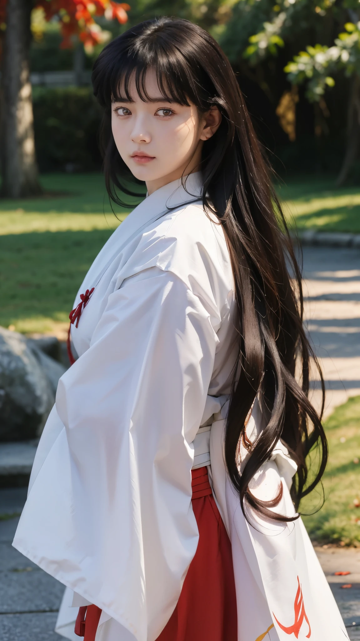 masterpiece, best quality, a close photo of Kikyo, 1 girl, solo, standing, multiple pose, brown eyes, long hair, red hakama and white kimono, looking_at_viewer, expressionless, upper_body, ((detailed face, detailed eyes:1.3)) ((Night Village:1.0))