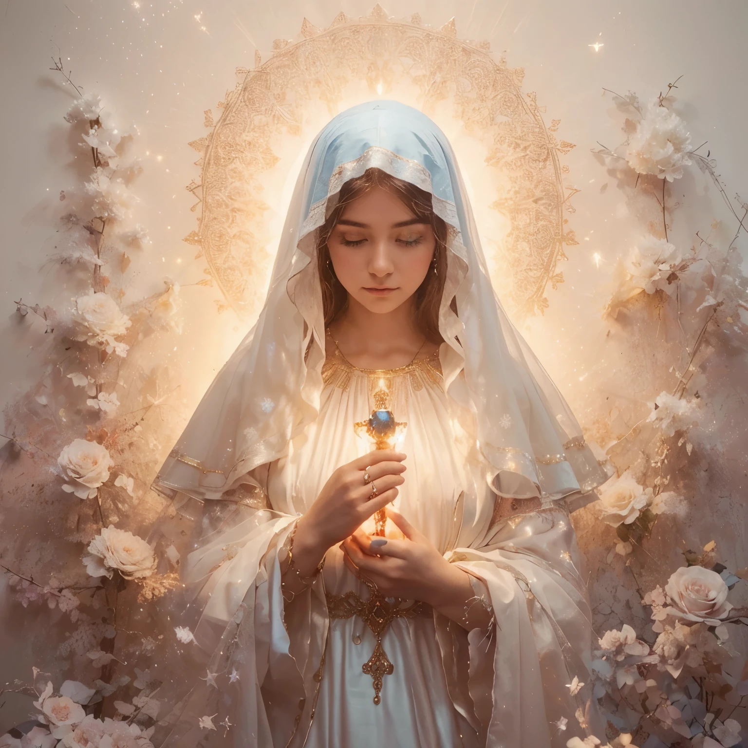 (((Holy virgin mary mystical rose-black. 17 years old. IN CUSTOM METALLIC COLORS mayan  blue russian costume))) luminoso, obra maestra, (Mejor calidad: 1.2), (super fine: 1.2), illustration, (extremadamente delicado y hermoso: 1.2), movie angle, flotante, (Hermoso detalle ojo: 1.1), (detalle de luz: 1.1), Movie Lights, Cielo delicado, ojos azules, (cola de caballo alta: 1. 1), capa, Ojeteador, cielo estrellado, (light particles: 1.1) Dibujo, flor. (obra maestra), (Mejor calidad), (fotorrealista:1.3), 8k, textura de piel detallada, Textura de tela detallada, hermoso rostro detallado, detalles intrincados, ultra detallado (Cuerpo completo:1.2)

Traducido con DeepL.con (Free version)