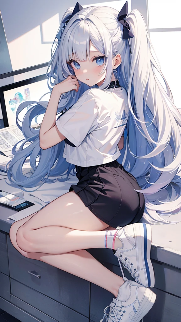 Una encantadora chica anime con cabello albino que cae en ondas hasta la cintura, sus ojos azules resaltan sobre su piel de porcelana. Ataviada con una blusa y falda blanco y azul con aberturas laterales, complementa su estilo unas medias blancas con zapatos converse. La imagen se completa con un fondo blanco que destaca tanto su presencia frontal como posterior.