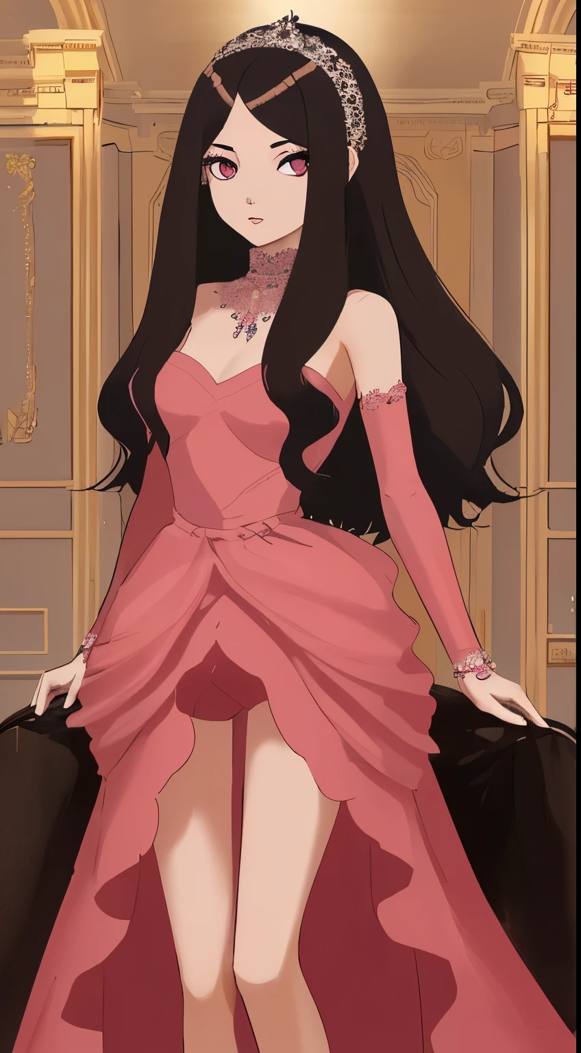 Pelo largo y rosa, vestido de gala, mirada fija, 20 year old girl, sexy.