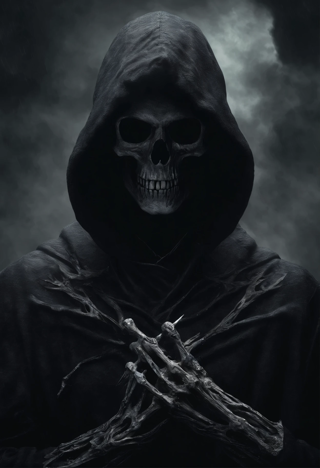 Create a detailed and eerily realistic image of your hooded death figure. The scene is expected to show a black silhouette with a skull on the face and a skeletal hand holding a dangerous scythe.. This figure sinistra dev ter como pano di fondo uma lil nebulosa lit bella luz fria da lua. The image should highlight a sinister and bright atmosphere. Use Octane View to capture realistic textures and lighting. The 8K resolution should be impressive, Ensuring extraordinary clarity and accuracy in portraying the sinister side of death.