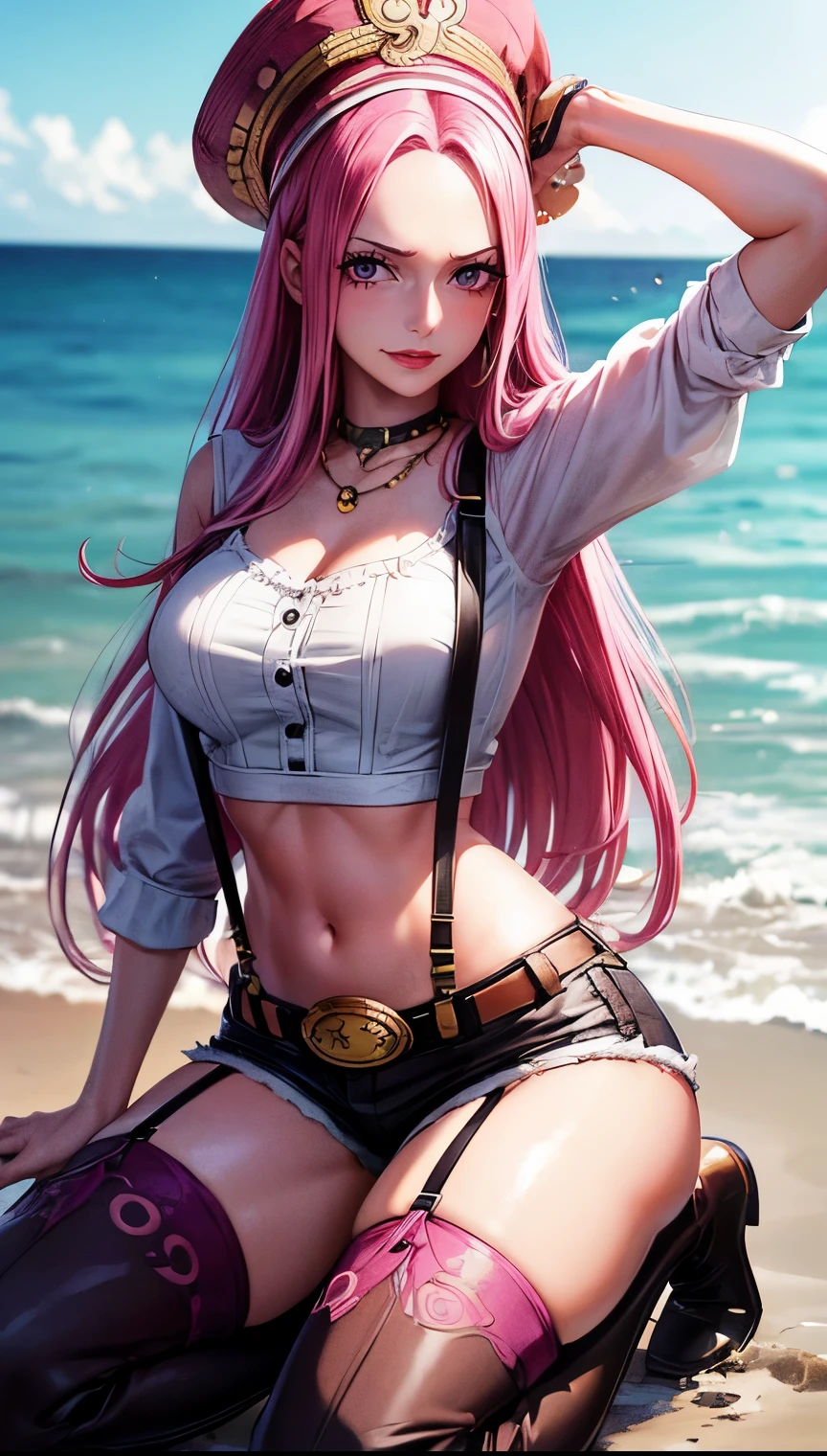 ((top-quality, 8K, masterpiece:1.3)), A detailed eye, (looking at from the front), Look at the camera, ((Everything is sparkling、reflecting light:1.2)), (Best Ratio: 4 fingers, 1 thumb), (portrait), (((Jewelry Bonney from One Piece))), JewelryBonneyV2, half body shot, light smile, 1girl, solo, cute asian face,  both arms behind head, , long hair, pink hair, hat, ((slim girl, medium breasts, hyperdetailed lips)), red lips, (thighhighs, shorts, suspenders, boots, purple eyes), navel, midriff, crop top, belt, suspender shorts, complex detailed background, barren land, rocks, ocean, nature environment, kneeling ,seiza , spread legs,, blushing,