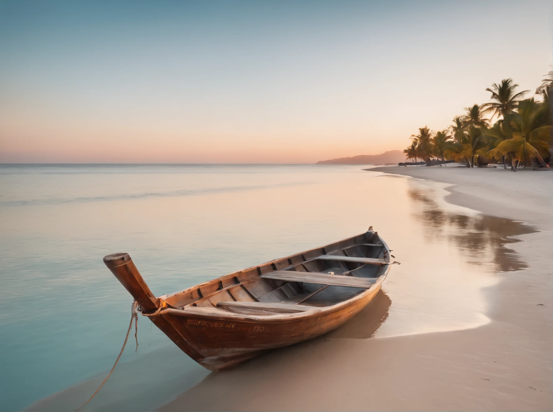 (best quality,highres,ultra-detailed,realistic:1.2,landscapes,beach scenery,ocean view,serene,majestic,turquoise waters,sandy beach,palm trees,clear blue sky,gentle waves,golden sunlight,peaceful atmosphere,crystal-clear water,unspoiled beauty,secluded paradise,tranquil ambiance,marooned shipwrecked boat:0.9)
