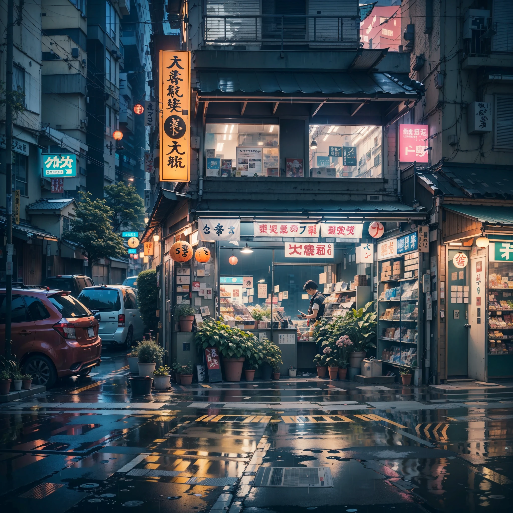 Modern Tokyo skyscrapers at night, reflection on the river, futuristic city lights, sleek and minimalist architecture, cyberpunk vibes, neon-soaked cityscape. no one in sight, no people, best quality, anime, anime style, lofi, anime background, anime wallpaper, anime, anime style, lofi, lofi style, modern japanese street, modern japanese architecture, japanese convenience store, big retro japanese shop signs, retro japanese store, trees, plants, rocks, plant pots, shop signs, japanese banners, japanese signs, flags, empty street, no one in sight, (no one: 1), (realistic,photorealistic:1.37), narrow anime street, urban, compact, masterpiece, high details, best quality, super detail, high quality, narrow japanese urban alleyway, japanese shop signs, japanese signs, japanese banners, banners, plant pots, plants, trees, grass, cobble path, trash cans, nigh time, dark, street lights,, air vents, gutters, telephone wires, wires, cables, air ventilation systems, lanterns, rain, raining, heavy rain, dramatic weather, puddles on the floor, rain falling from the sky, rain drops, best quality, masterpiece,