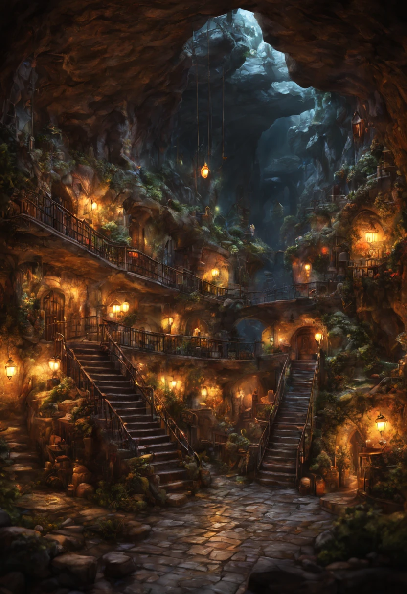 underground cavern,bustling miniature city,cozy lights,warm friendly feeling,illustration,(ultra-detailed:1.1),(realistic:1.1),professional,physically-based rendering,vivid colors,portraits,(dark ambient lighting:1.1)