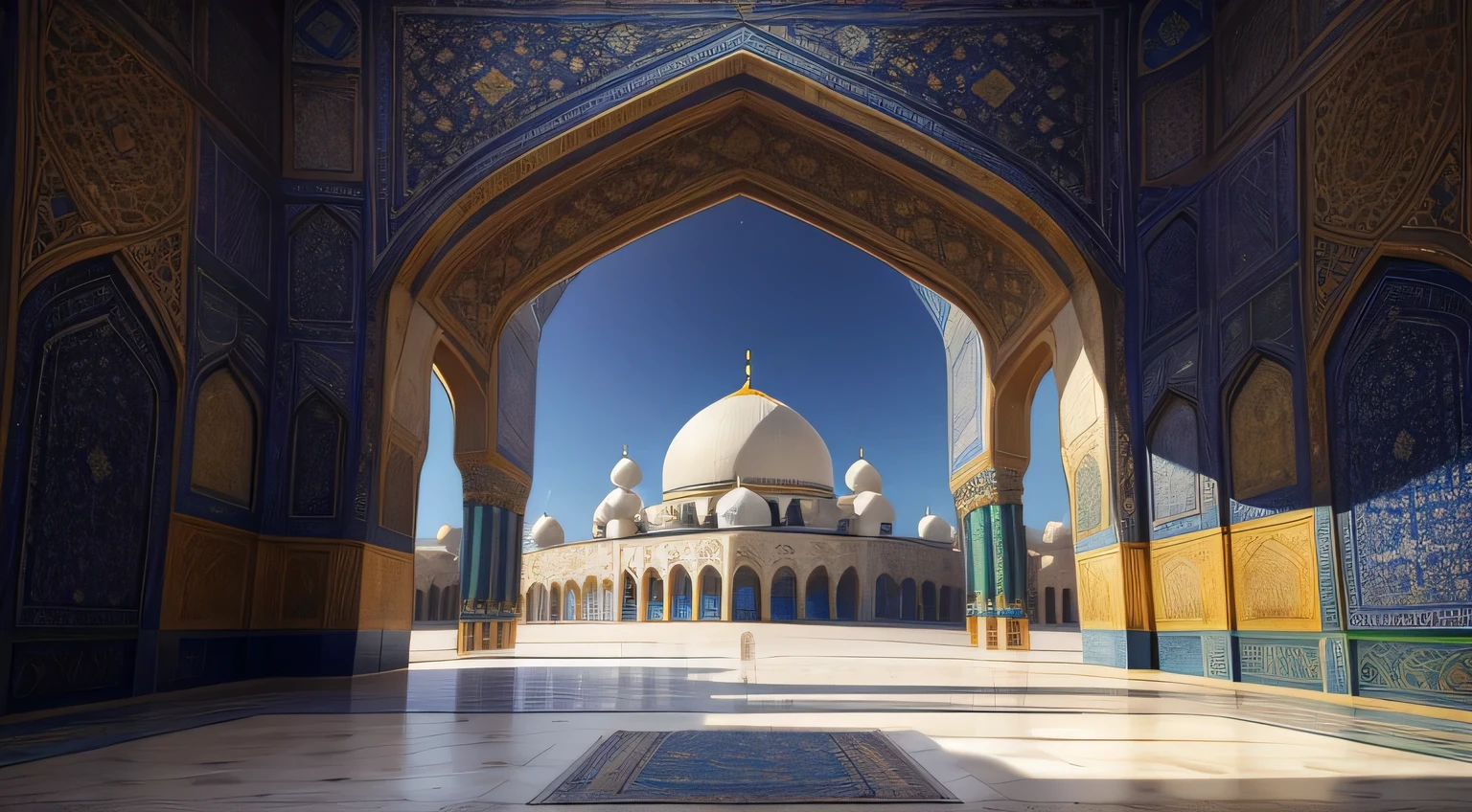 Imagine a mosque situated in a bustling city, where tradition seamlessly blends with innovation. The mosque is a masterpiece of architectural marvel, fusing classical Islamic design with contemporary elements. Its minarets reach towards the sky, adorned with intricate geometric patterns that catch the sunlight at different angles.

The entrance to the mosque is a grand portal, featuring ornate calligraphy that welcomes worshippers with verses from the Quran. As you step inside, the vast prayer hall unfolds before you, bathed in the gentle glow of stained glass windows. The colors of the windows create a serene ambiance, casting vibrant hues across the intricate patterns of the Persian carpets that cover the floor.

The mihrab, a focal point of the mosque, is a stunning mosaic masterpiece. The domed ceiling above it is adorned with celestial motifs, evoking a sense of transcendence. The qibla wall is a work of art, seamlessly integrating modern technology with tradition, displaying an interactive LED installation that lights up to indicate the direction of Mecca.