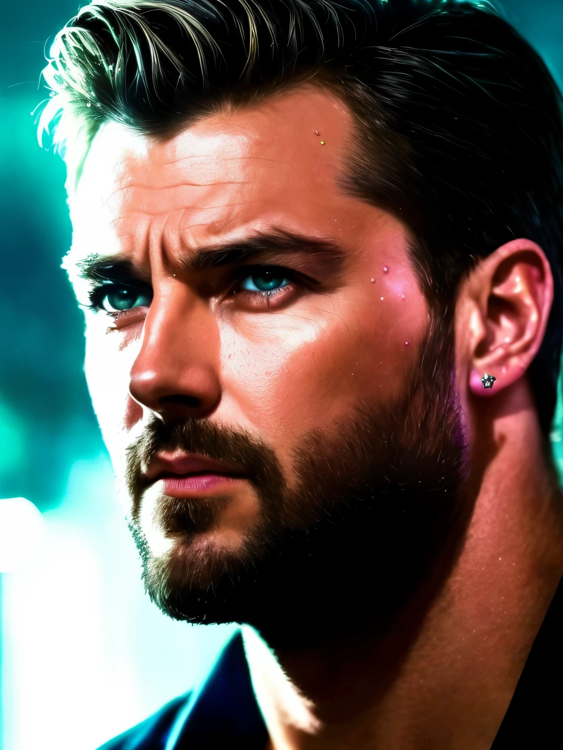 Model shooting style, (Very detailed CG unity 8k wallpaper.), portrait of (David:1.1), Staring at us with mysterious eyes, realistic, Masterpiece, Highest quality, ((sci-fi)), lens flare, ((glitter)), unreal engine, digital painting, Style-BladeRunner2049-8v, Trending on artstation, Trending in cgsociety, complicated, Highly detailed, Amazing, realism, Beautiful and detailed lighting, shadow