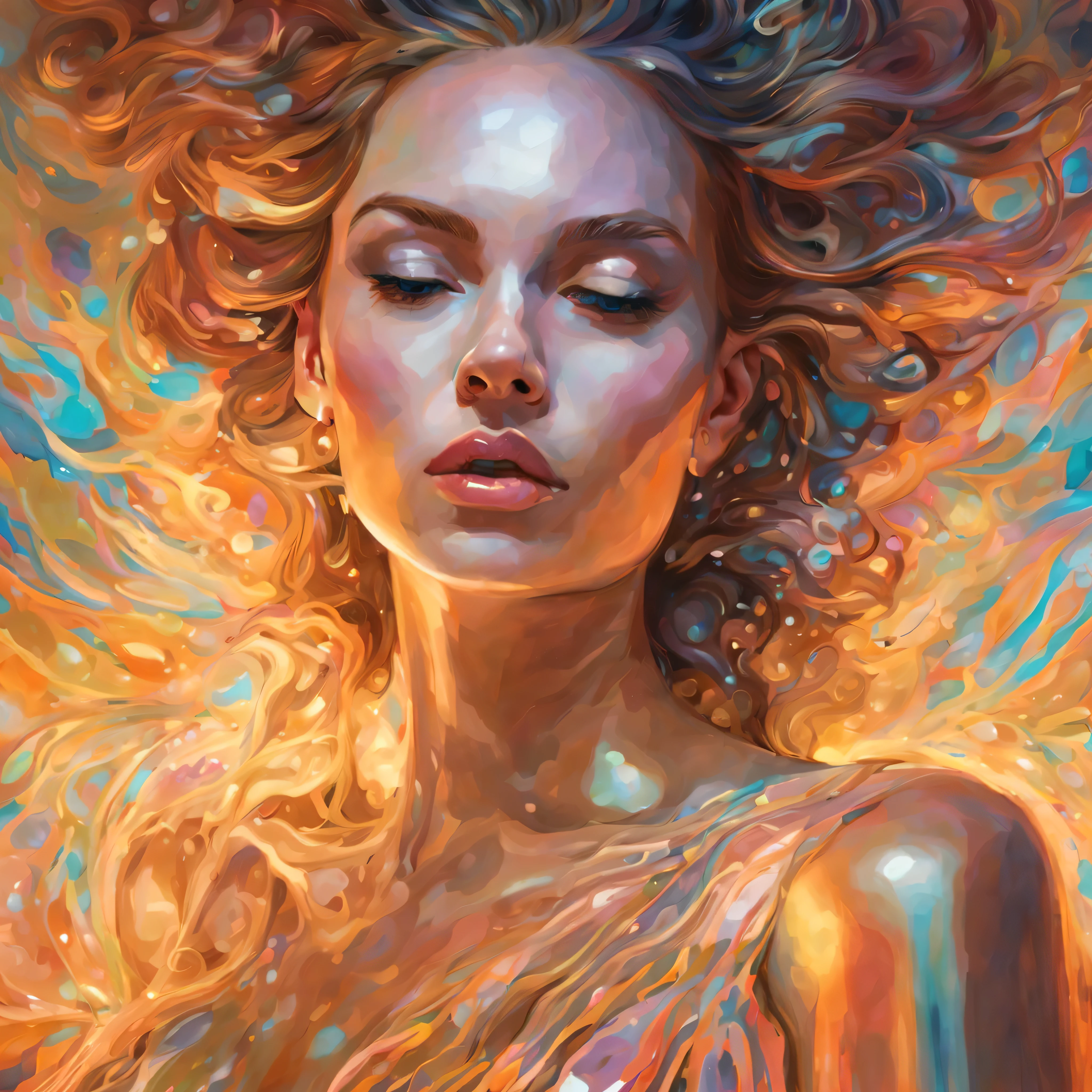 Closeup portrait, pinup woman in a illuminations opalescent [Van Gogh | Alex Grey] fractal dot-clouds body suit, [Giovanni Boldini | Archipenko | Geremy Mann] textured heavy brushstrokes impasto oil multifractal, [Kuvshinov | Hsiao Ron Cheng | Repin] fractal platinum, black on black light [creams pinks beige greens yellows], rim light, inner glow, volumetric light sequins, glitters, ink sketch, digital illustration, crystal dust, platinum dots, glowing, colorful, face focused, looking infront, masterpiece, 16k RAW, HDR, award winning work 