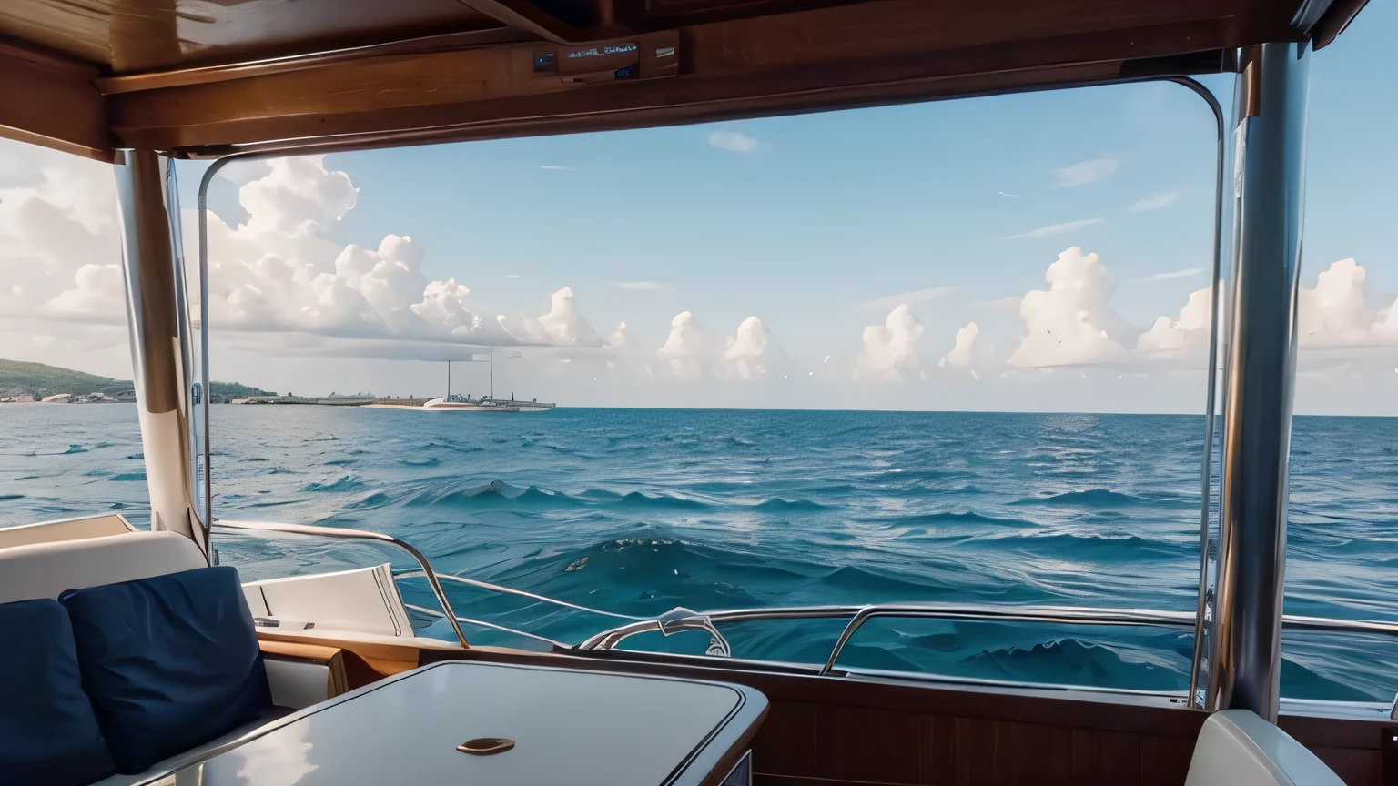 beautiful view of open sea from boat with a beer on a table