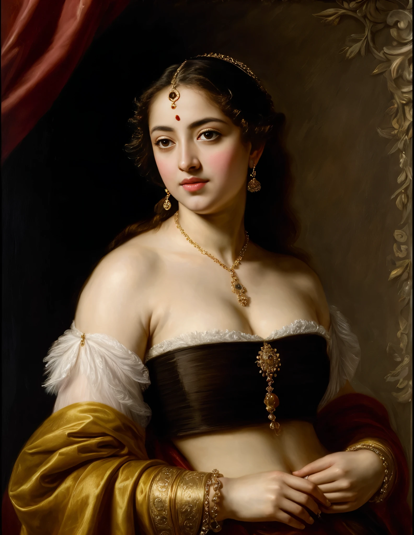 Best quality, highly detailed, masterpiece, Indian princess, Rajkanya, royal clothes, Masterpiece, extremely gorgeous woman, matchless Beauty, portrait, Peter Paul Rubens style, looks like Anushka Shetty, Woman, off shoulder bandeau crop blouse, middle ages, classicism, andrey atroshenko style, painting, long hair, styled hair, traditional media, realistic, figurative, fine art, detailed Art, oil on canvas, HDR, 8K, original character, high resolution, high detail, focus on the face, intricate, flawless, fluffy hair, Peter Paul Rubens style, By Peter Paul Rubens, sharp picture, avoid crown or mukut in picture,