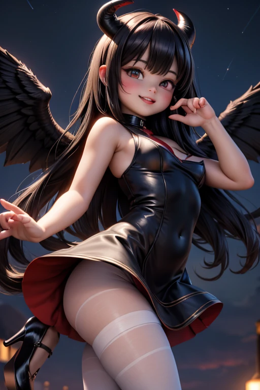 Ultra-realistic 8k CG, masterpiece, best quality, (photorealistic:1.4), absurdres, extremely detailed, real hair, life-like, horror scene, dark setting, cute girl smiling, big , red lipstick, red smokey eyes make up, showing fang, black hair, girly dress, (white pantyhose), black ((mary jane pumps)), tail, black wings, devil horns, looking at viewer, reflective, bending toward viewer, night sky