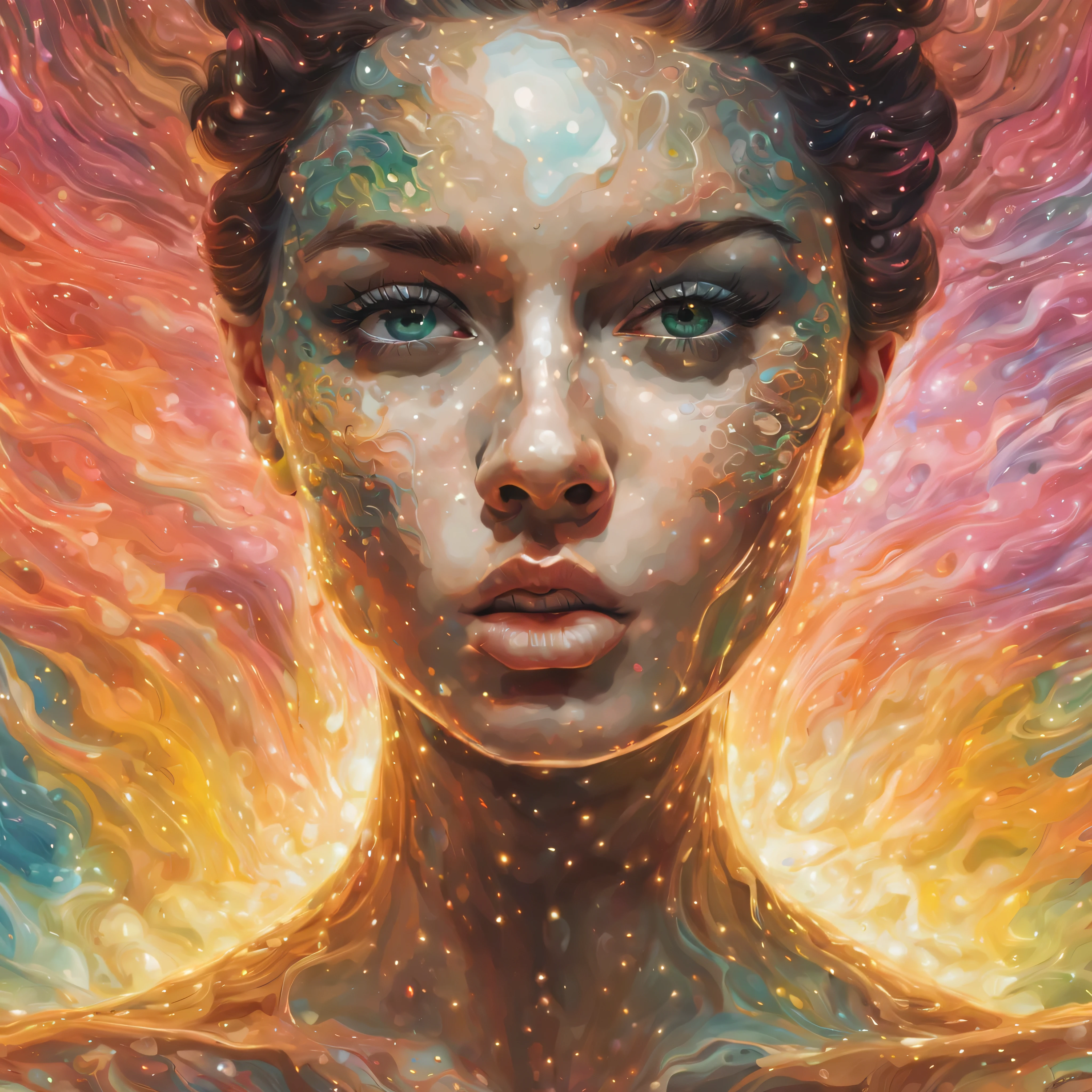 Closeup portrait, pinup woman in a illuminations opalescent [Van Gogh | Alex Grey] fractal dot-clouds body suit, [Giovanni Boldini | Archipenko | Geremy Mann] textured heavy brushstrokes impasto oil multifractal, [Kuvshinov | Hsiao Ron Cheng | Repin] fractal platinum, black on black light [creams pinks beige greens yellows], rim light, inner glow, volumetric light sequins, glitters, ink sketch, digital illustration, crystal dust, platinum dots, glowing, colorful, face focused, looking infront, masterpiece, 16k RAW, HDR, award winning work 