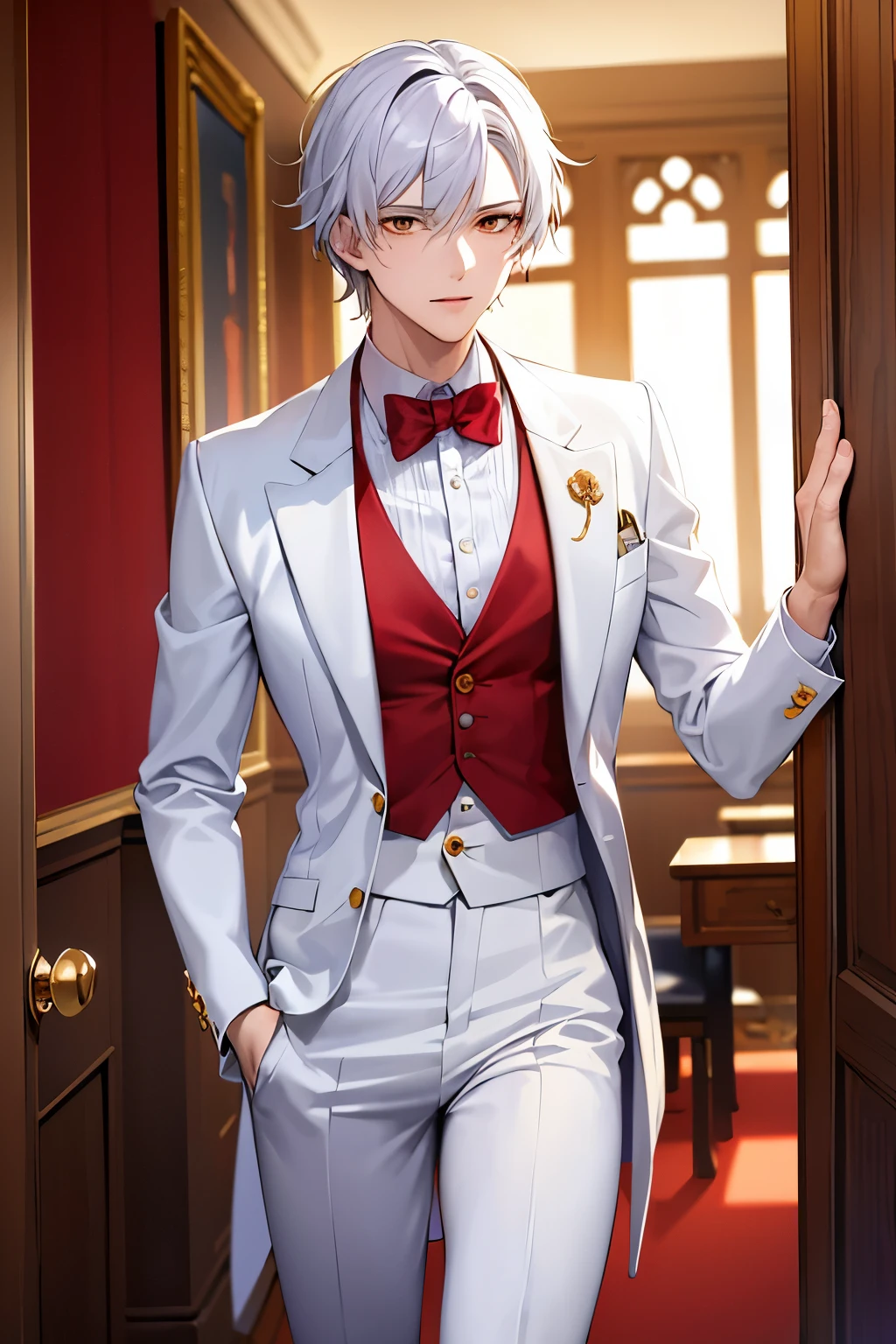 (masterpiece,best quality:1.5), lifelike, vivid, energetic ,1 mature man, alone, looking at the audience,Slender figure，stand， white eyes, White suit dress,Red top hat，white hair，short hair,The background is the street