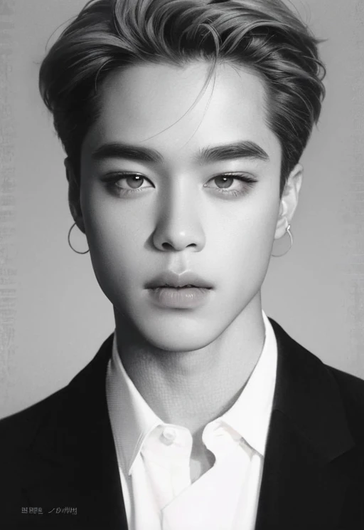 A black and white photograph of a man in a suit and tie., Jimin, park Jimin, accurate Jimin face, Jimin\la nariz griega, Jimin\los labios carnosos, Jimin\his right eyelid is swollen, kpop idol portrait, TaeJune Kim, retrato de jossi de blackpink, hyung tae, Jung Jaehyun, hsiao-ron, kpop boy, korean face, pretty, korea male face