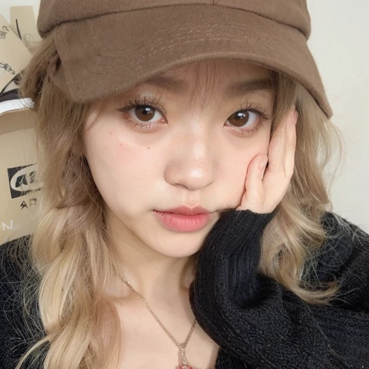 a closeup of a person wearing a hat and sweater, Choi Soobin de TXT usando una gargantilla y un lindo sombrero, shikami, Choi Soobin, sakimichan, pale korean adorable face, muchacha coreana, facciones delicadas, mujer real