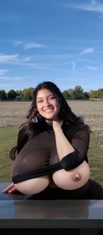 arafed woman n in a field with a blue sky, profile picture, profile pic, with a tree in the background, profile image, headshot profile picture, profile shot, with earth in the background, alanis guillen, 🍂 cute, with a park in the background, top half of body, full body shot close up, neck zoomed in, upper body close up, Big tits, huge tits, no clothes, sexy, cute, minimal clothes, thick, bbw, chubby stomach, thick nipples, nipple piercings, large areola, hard nipples, piercing through shirt, nipples hard through shirt, chubby stomach showing, tummy spilling over the side, muffin top, no pants, stomach too big for panties, super extra wide hips, huge hips, thick hips, standing, shown down to hips