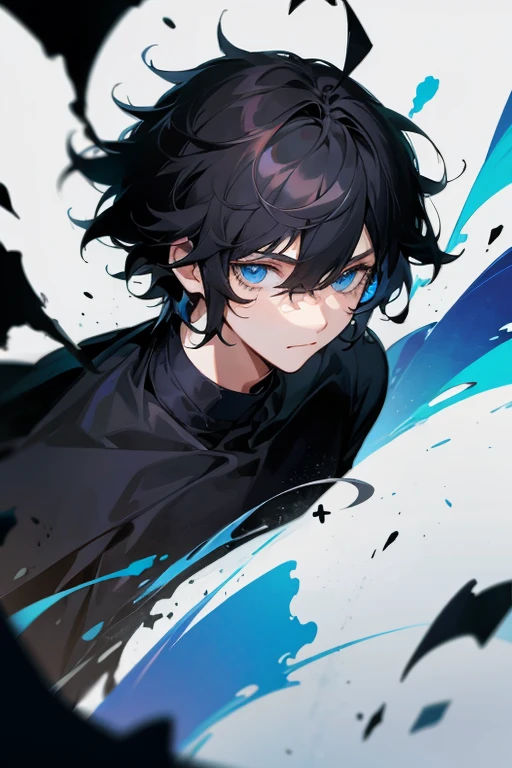Black messy hair, short hair, blue eyes, not smile, upper body, boy, medium hair, white background, black messy hair, upper body