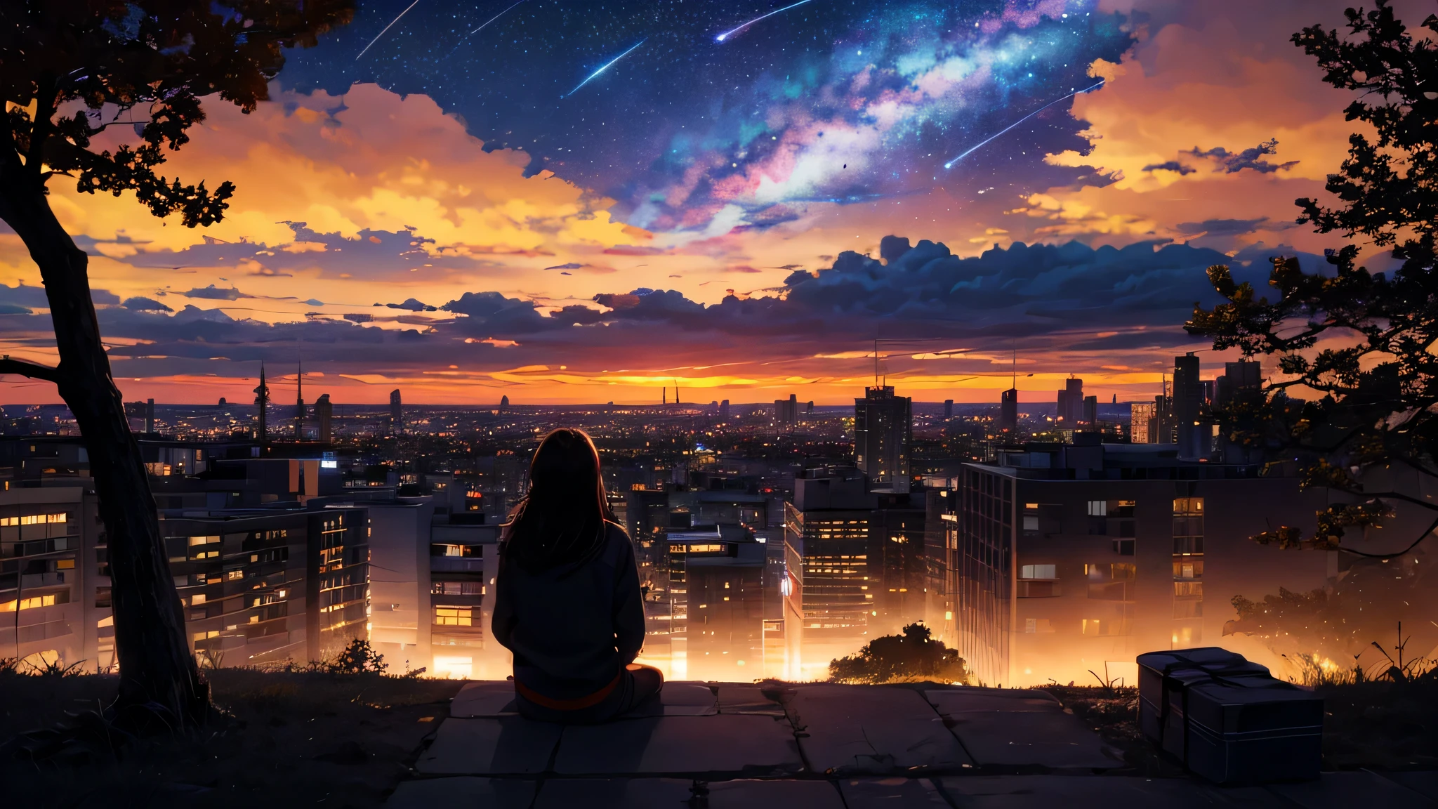 octano, cielo, estrella (cielo), paisaje, estrellary cielo, noche, solo dos personas, un chico de pelo negro, A girl with brown hair, noche cielo, par, al aire libre, edificio, Nubes, session, tree, pelo largo, Urbano, silueta, paisaje urbano, few shooting estrellas. pov behind them, they are session in the ground