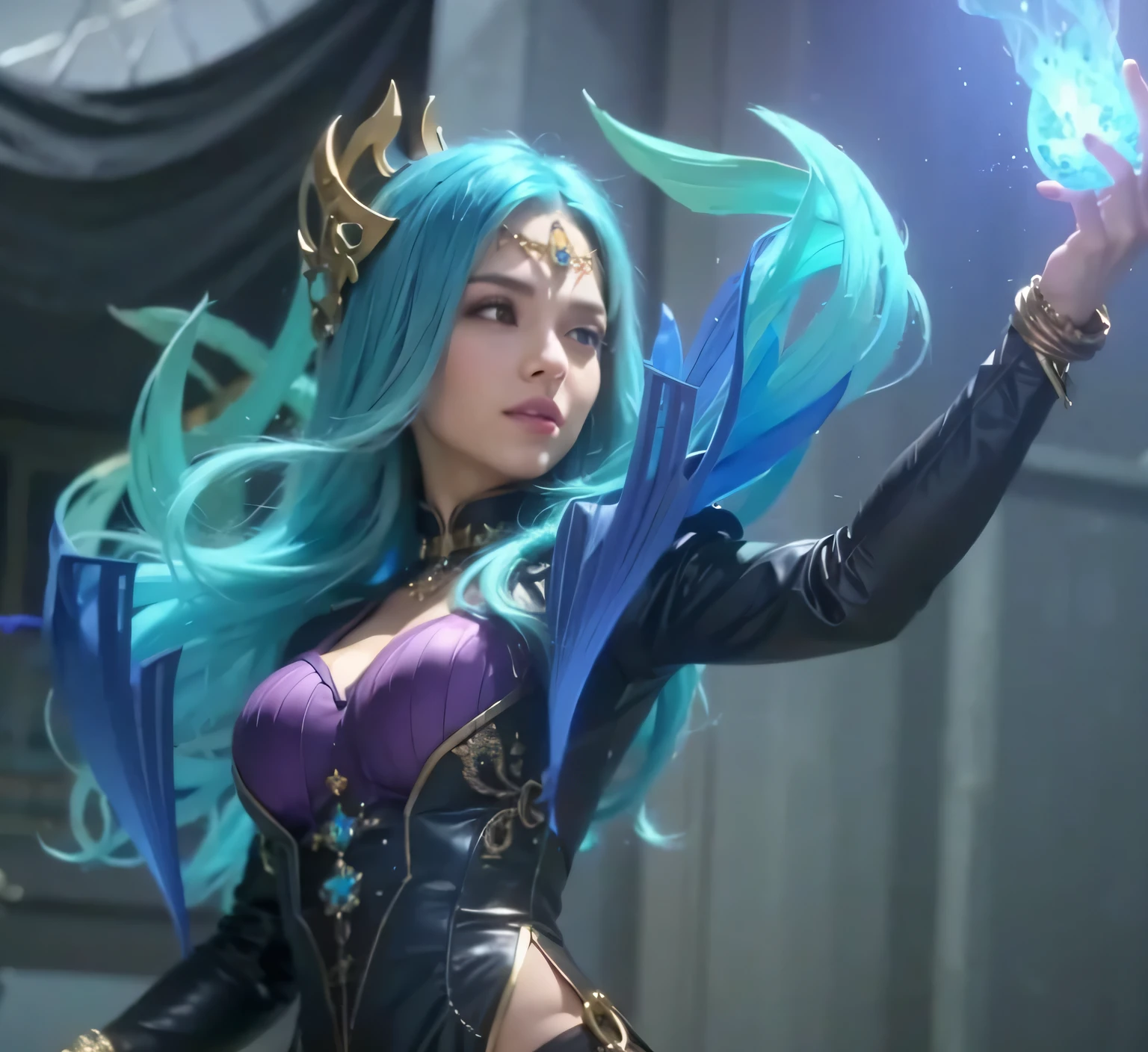 beauriful girl with blue hair, black and purple dress, blue flame, gold crown