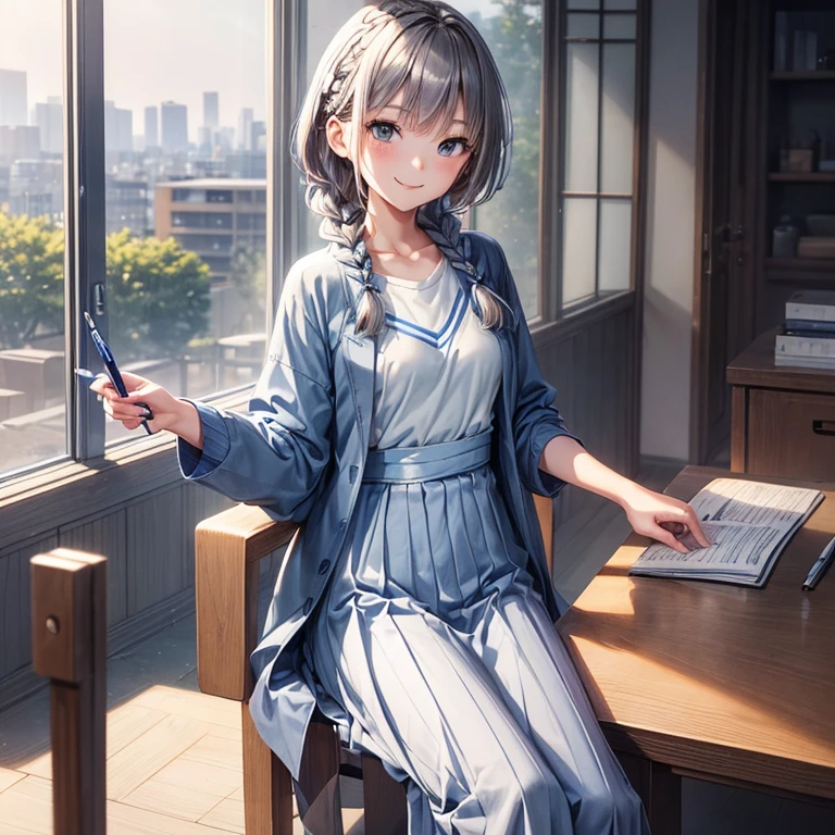 A 22 years old university student Japanese girl ((slender, small breast)), chestnut hair (( very short, one very slender Dutch braid)), indigo long skirt, gray light overcoat, a T-shirt (( gradation of blue and white color)), smile calmly and gently, have a pen by her left hand ,(( chest nut smiling eyes ))