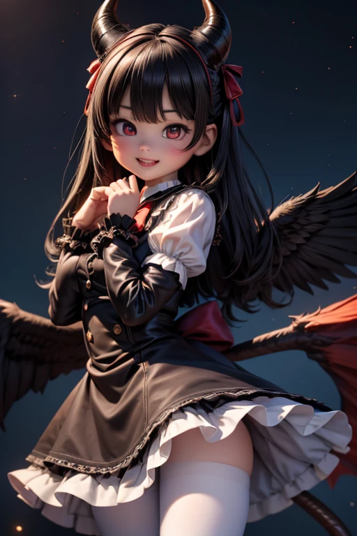 Ultra-realistic 8k CG, masterpiece, best quality, (photorealistic:1.4), absurdres, extremely detailed, real hair, life-like, horror scene, dark setting, cute girl smiling, big , red lipstick, red smokey eyes make up, showing fang, black hair, girly dress, (white pantyhose), black ((ta pumps)), tail, black wings, devil horns, looking at viewer, reflective, flying toward viewer, night sky