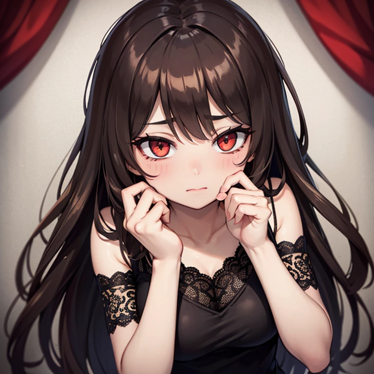 beautiful, DARK BROWN LONG HAIR, BLACK Lace Tanktop, RED EYE, shy, red face, Portrait, Blushing