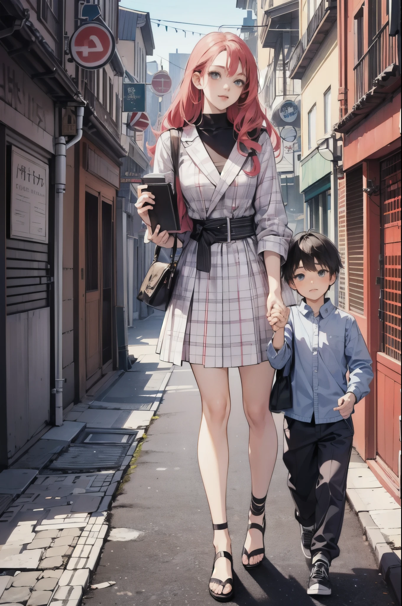 "Young busty  single mom with her  son, holding hands and walking to school, in a high-detail colored manga style masterpiece, vibrant and dynamic, capturing a slice-of-life scene, intricate details highlighting their expressions and surroundings, wide shot, art style inspired by top manga artists on ArtStation and DeviantArt, resolution 8K, (manga style:1.5), (slice-of-life:1.3), (vibrant colors:1.25), (ArtStation:1.2), (DeviantArt:1.2)"
