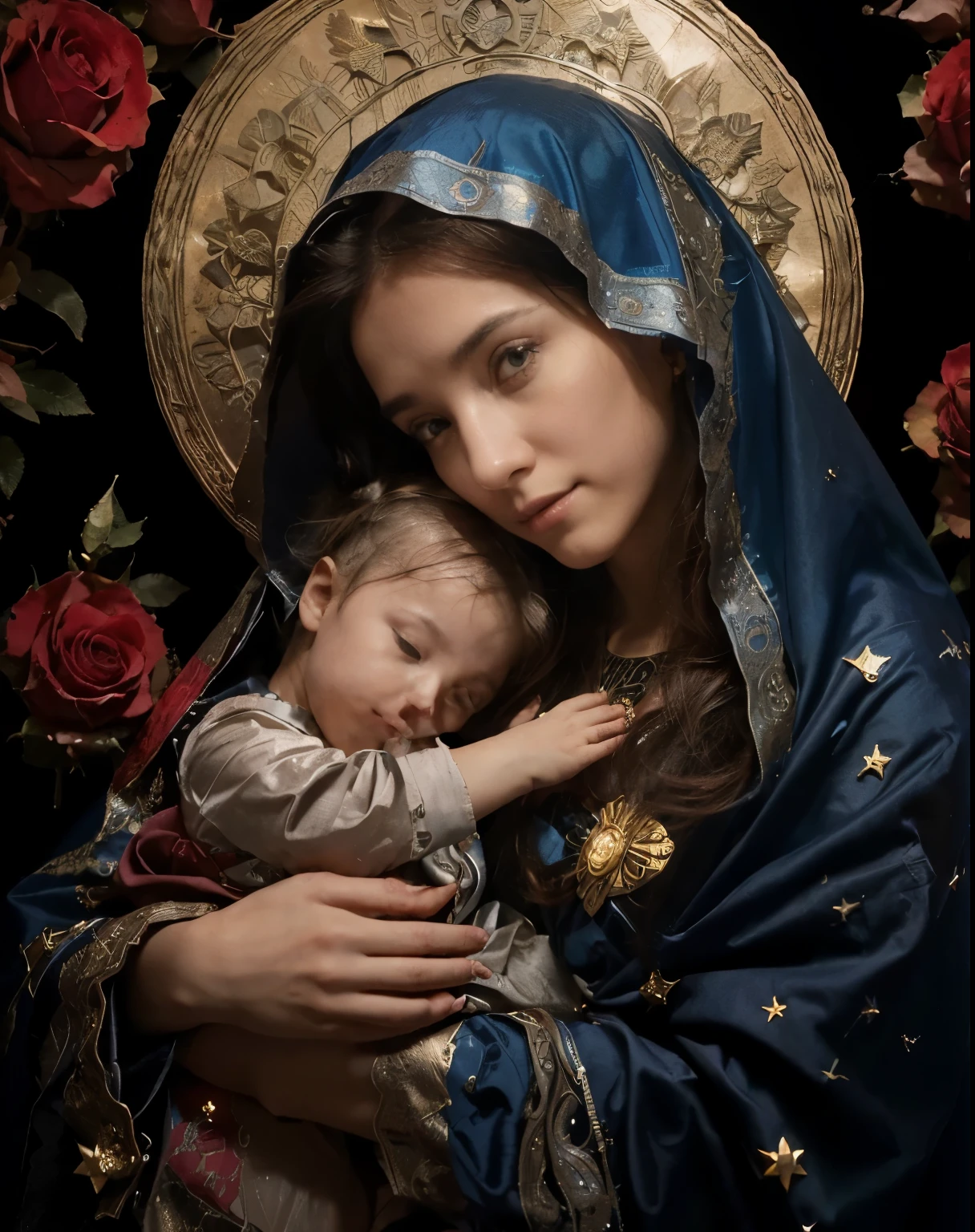(((Holy virgin mary mystical rose-black. . IN CUSTOM METALLIC COLORS mayan  blue russian costume))) luminoso, obra maestra, (Mejor calidad: 1.2), (super fine: 1.2), illustration, (extremadamente delicado y hermoso: 1.2), movie angle, flotante, (Hermoso detalle ojo: 1.1), (detalle de luz: 1.1), Movie Lights, Cielo delicado, ojos azules, (cola de caballo alta: 1. 1), capa, Ojeteador, cielo estrellado, (light particles: 1.1) Dibujo, flor. (obra maestra), (Mejor calidad), (fotorrealista:1.3), 8k, textura de piel detallada, Textura de tela detallada, hermoso rostro detallado, detalles intrincados, ultra detallado (Cuerpo completo:1.2)

Traducido con DeepL.con (Free version)