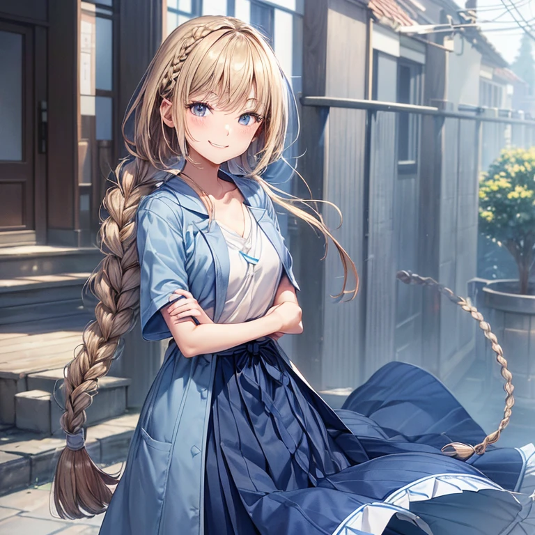 A 22 years old university student Japanese girl ((slender, small breast)), chestnut hair (( very short, one very slender Dutch braid)), indigo long skirt, gray light overcoat, a T-shirt (( gradation of blue and white color)), smile calmly and gently, have a pen by her left hand ,(( chest nut smiling eyes:1.4 ))