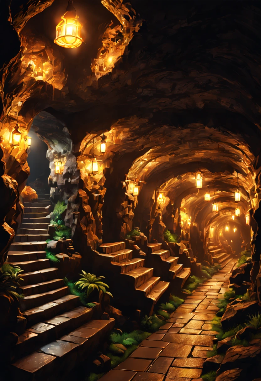 underground cavern,bustling miniature city,cozy lights,warm friendly feeling,illustration,(ultra-detailed:1.1),(realistic:1.1),professional,physically-based rendering,vivid colors,portraits,(dark ambient lighting:1.1)