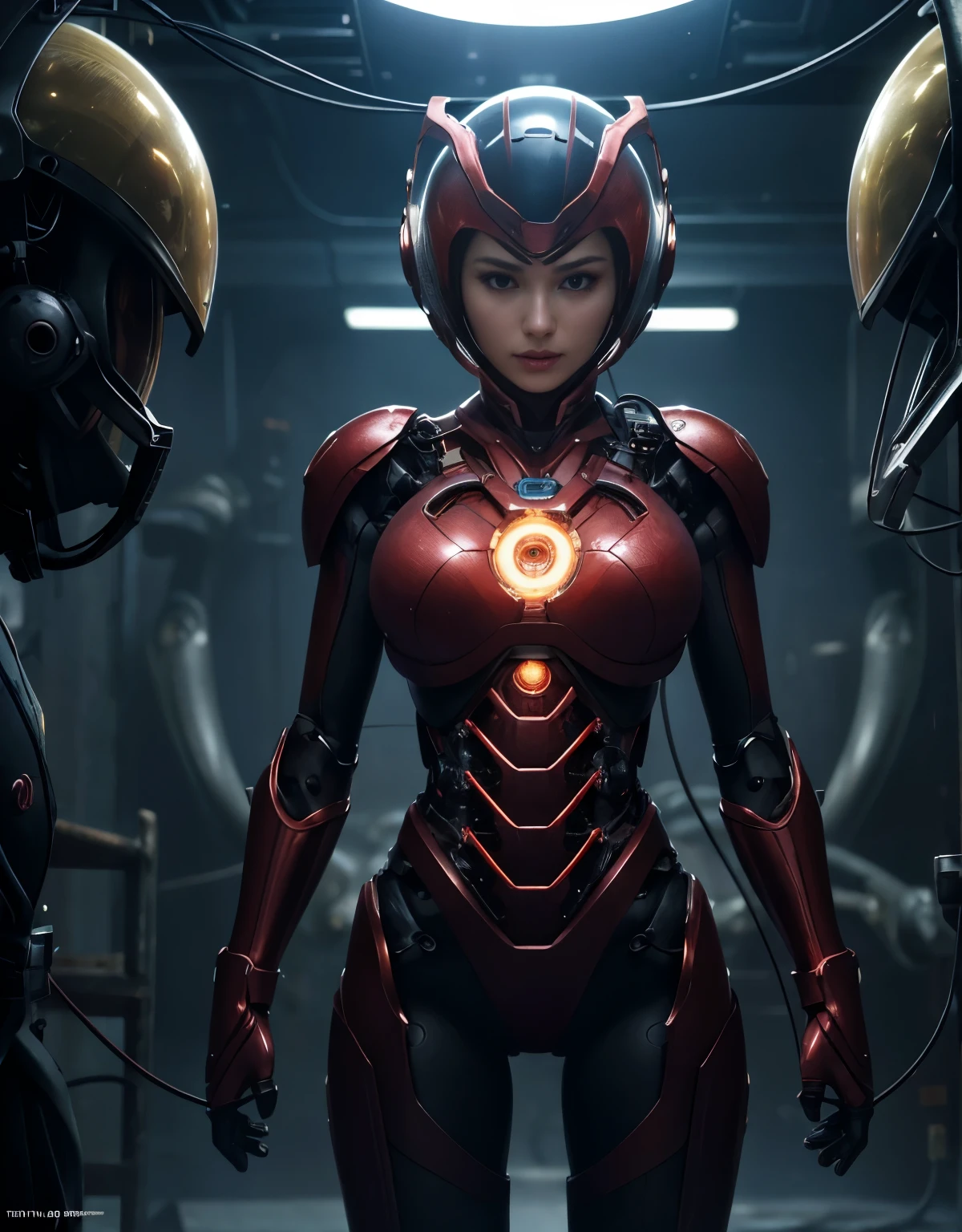 (Background of skimpy mechanical girl and octopus alien)、(Mystical expression)、highest quality、masterpiece、Super high resolution、(Photoreal:1.4)、RAW photo、1 girl、glowing skin、(((1 Mechanical Girl)))、Heavy chest、(gold metal bodysuit)、(Natural alien background to fight aliens)、(Small LED)、((Super realistic details))、vertical giant monster background),global illumination、Shadow、octane rendering、16K、super sharp、robotの背景、big breasts、Raw skin exposed in the cleavage、red metal、intricate decorative details、Japan details、very intricate details、realistic light、(Mystical expression),CG Society Trenlow Eyes、Eyes shining towards the camera、Mechanical marginal blood vessels connected to neon detail tubes)、(Wires and cables connecting to the head)、Small LED、,mechanical thighs、two stock、(Hands are also made of machines)、robot、future alien、Please wear a mechanical helmet、transparent face guard on helmet、