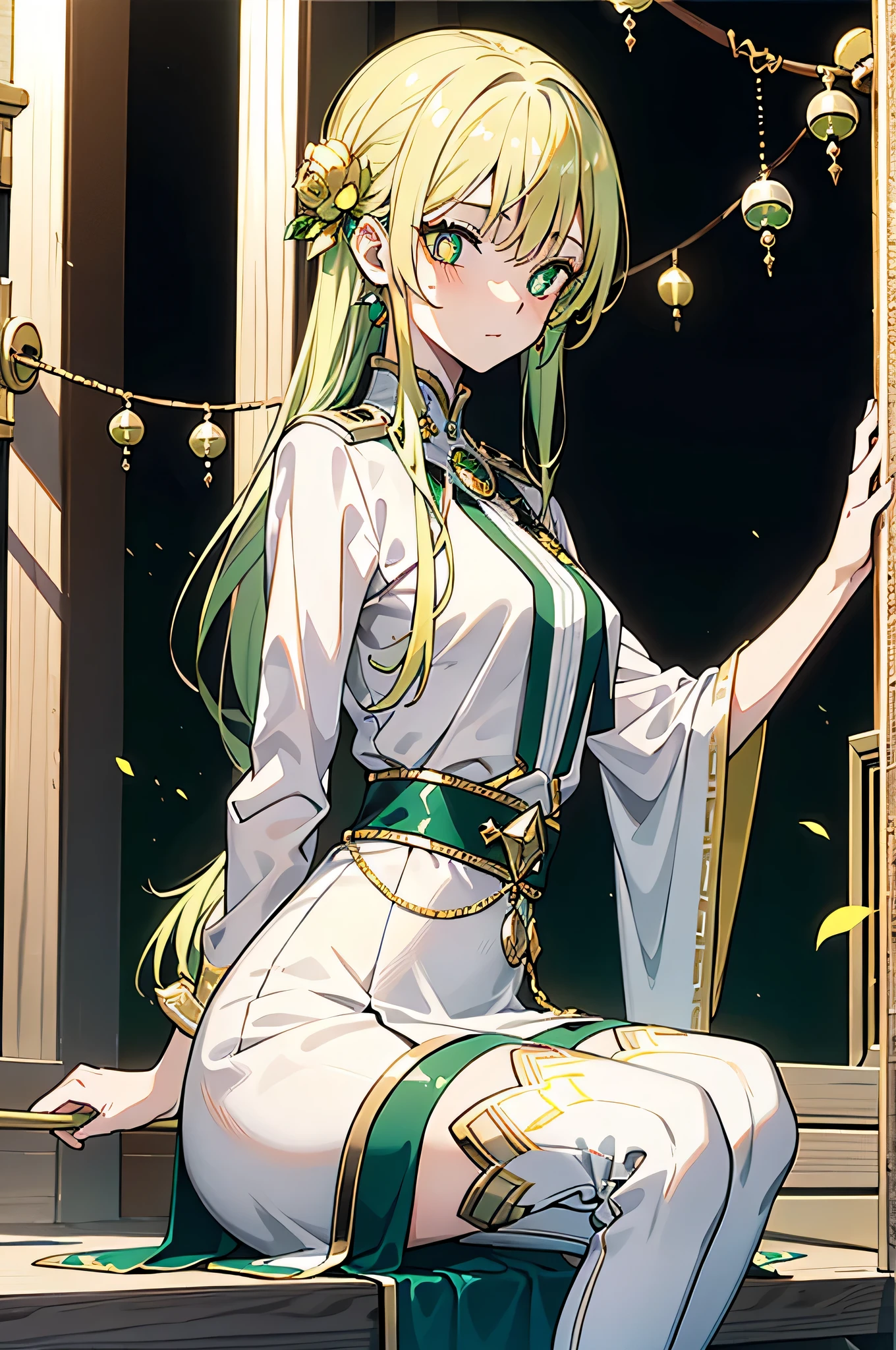 greenish-yellow hair，Yellow-green pupils，Green and yellow white clothes are decorated with gold and silver ornaments，She is a natural cute girl