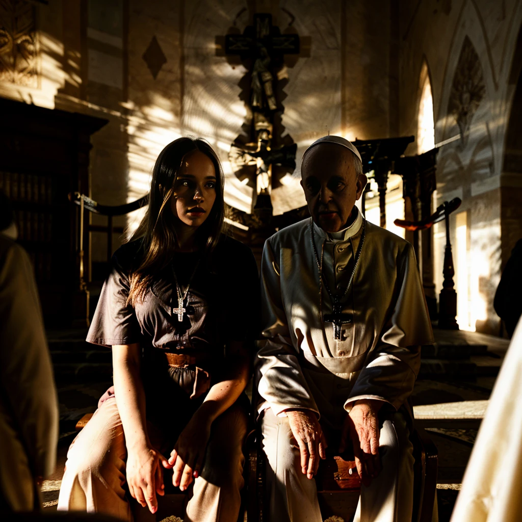 documentary photo of angelinak and Pope Francis sitting on an altar. Ultra photoreal shot. Backlit. PopeFra.