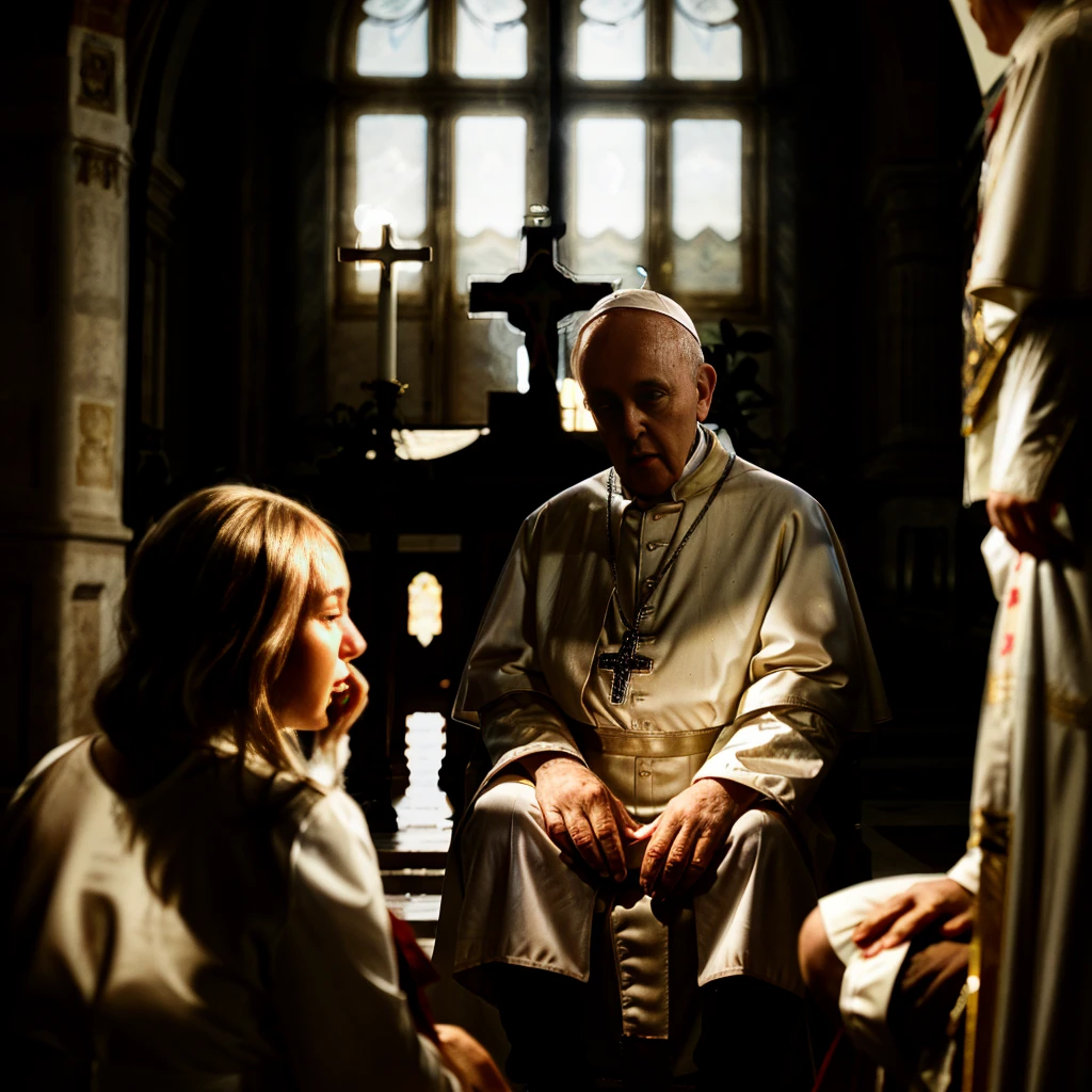 documentary photo of angelinak and Pope Francis sitting on an altar. Ultra photoreal shot. Backlit. PopeFra.