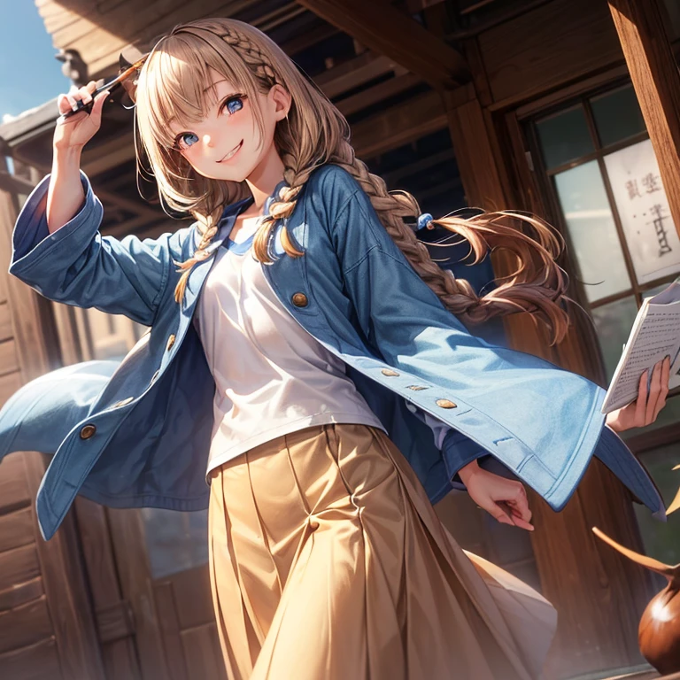 A 22 years old university student Japanese girl ((slender, small breast)), chestnut hair (( very short, one very slender Dutch braid)), indigo long skirt, gray light overcoat, a T-shirt (( gradation of blue and white color)), smile calmly and gently, have a pen by her left hand ,(( smiling chestnut eyes:1.4 ))